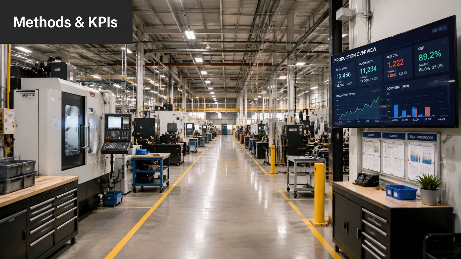A modern industrial manufacturing facility with a digital performance dashboard displaying production KPIs on the wall.