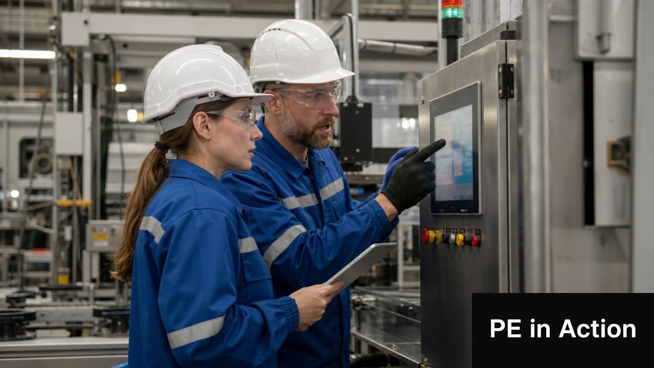 A male and female engineer wearing hard hats and protective glasses operating industrial machinery with a tablet.