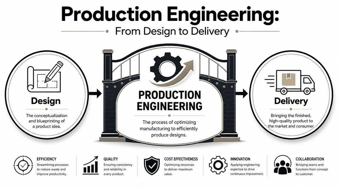 A diagram illustrating the production engineering process, from product design to manufacturing and final market delivery.