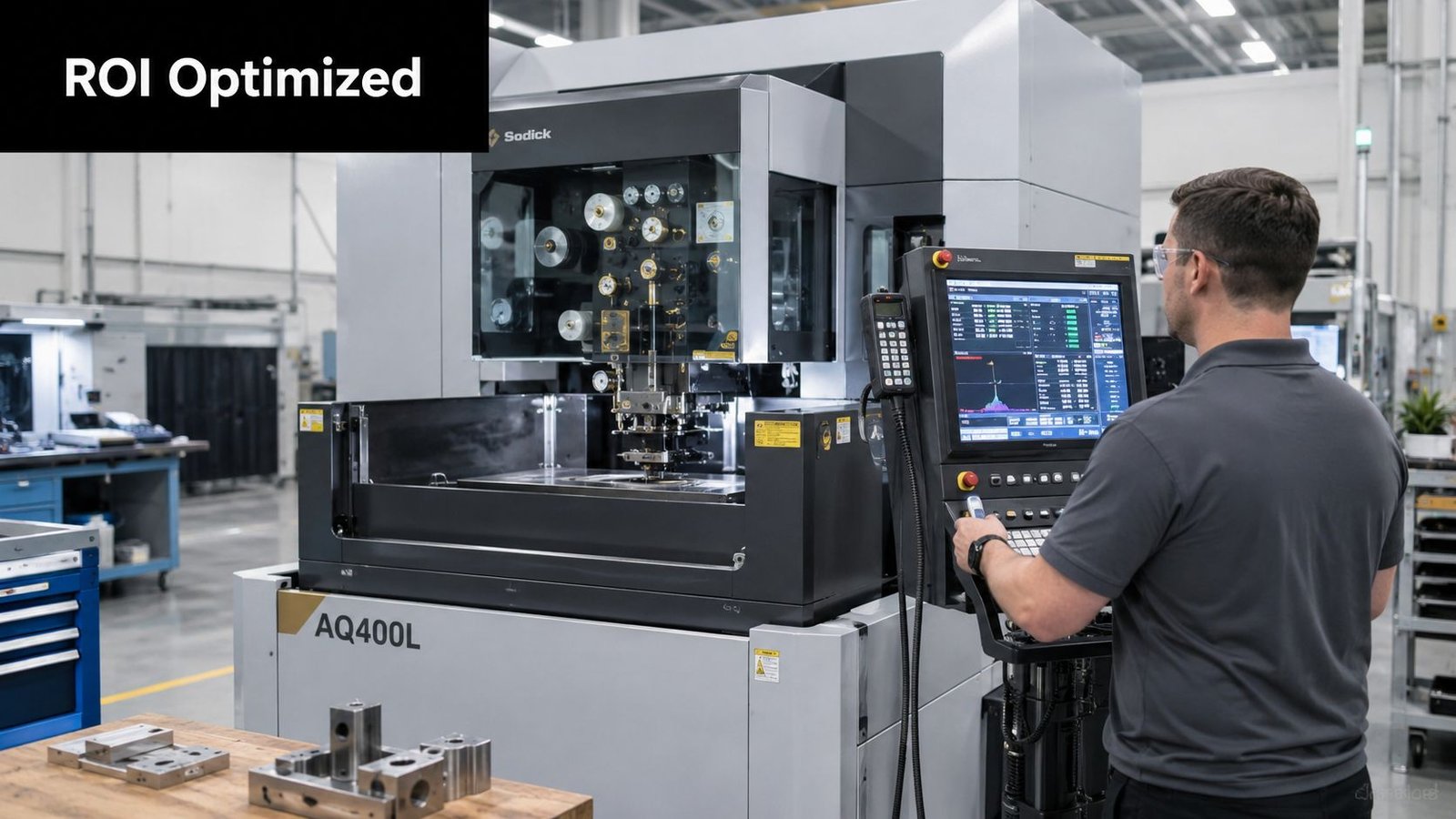 A skilled technician operates a Sodick wire EDM machine in a modern, organized manufacturing facility.