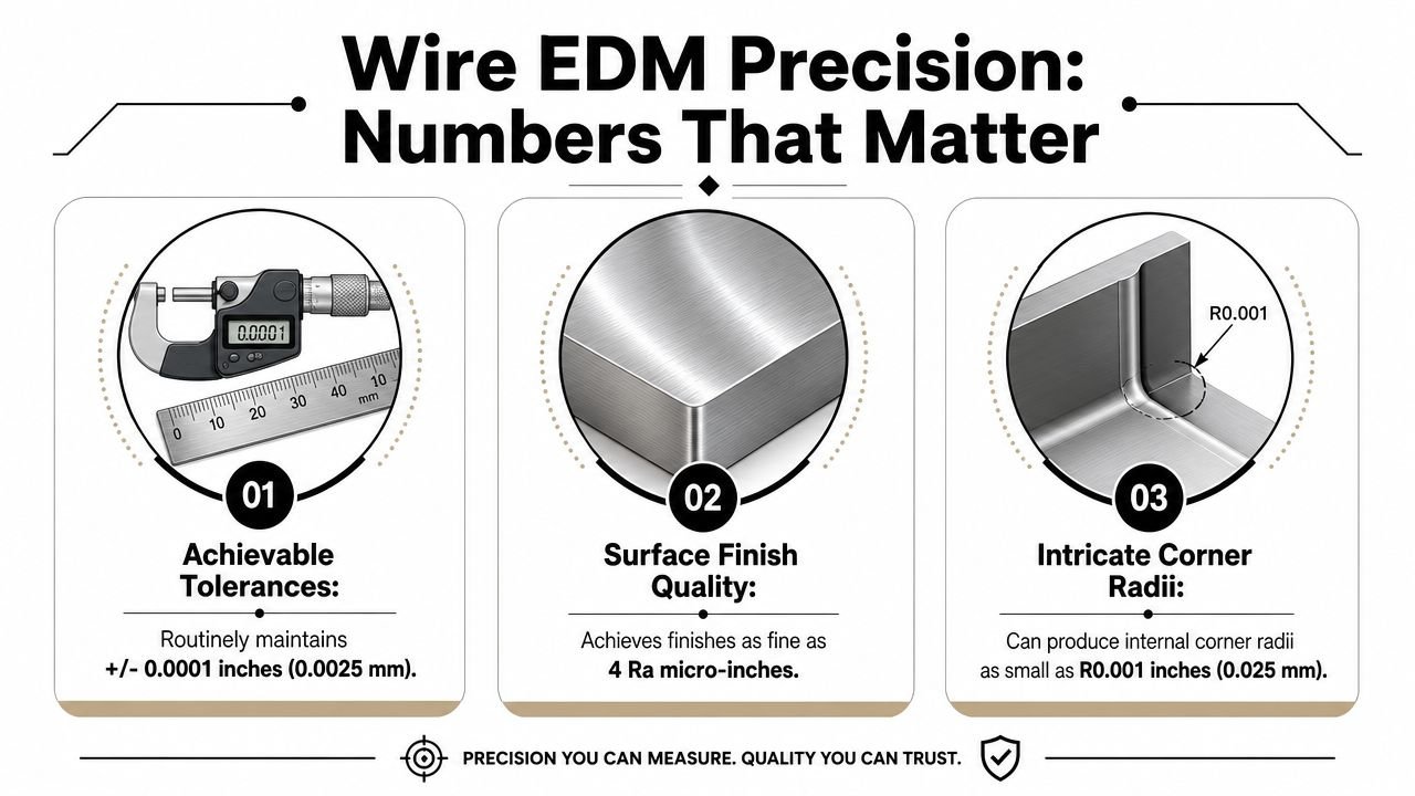 An infographic detailing precision metrics for wire EDM machining, including tolerances, surface finishes, and corner radii.