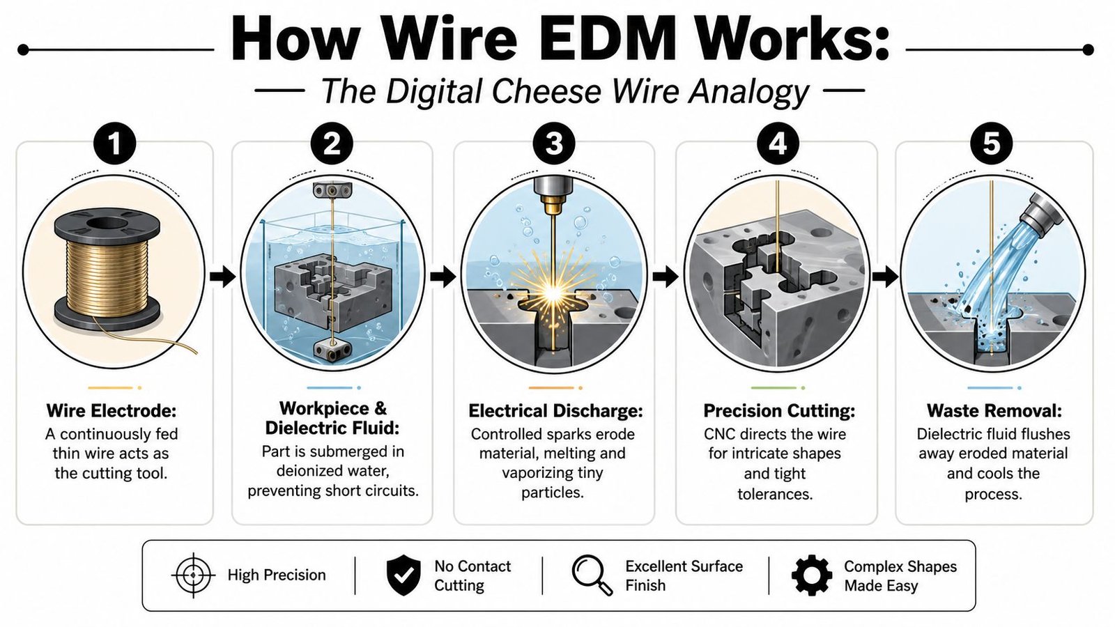 A diagram illustrating the five steps of the Wire EDM CNC machining process from wire feed to cooling.