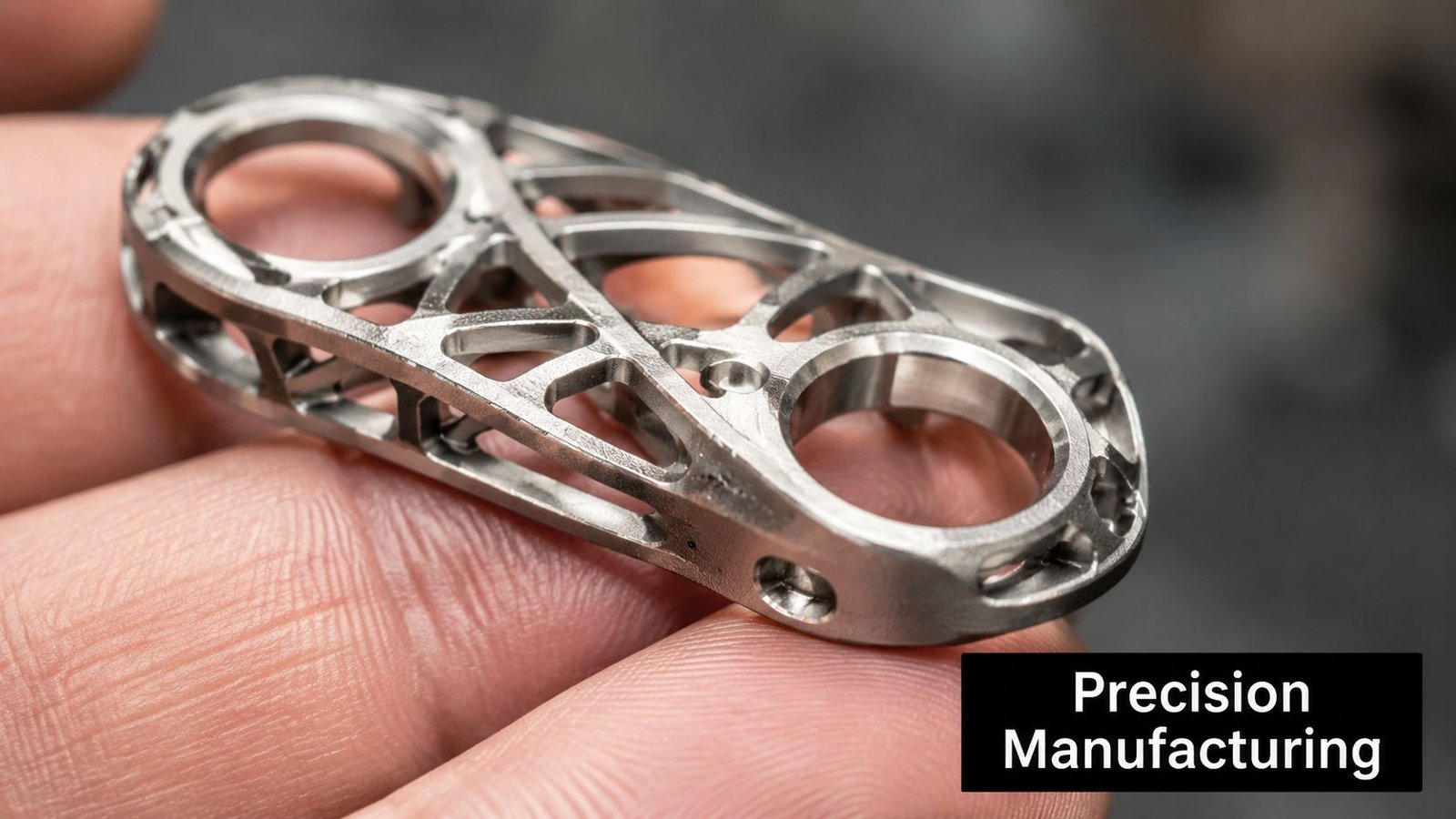 A close-up of a high-precision titanium mechanical part with complex lattice structures held by human fingers.