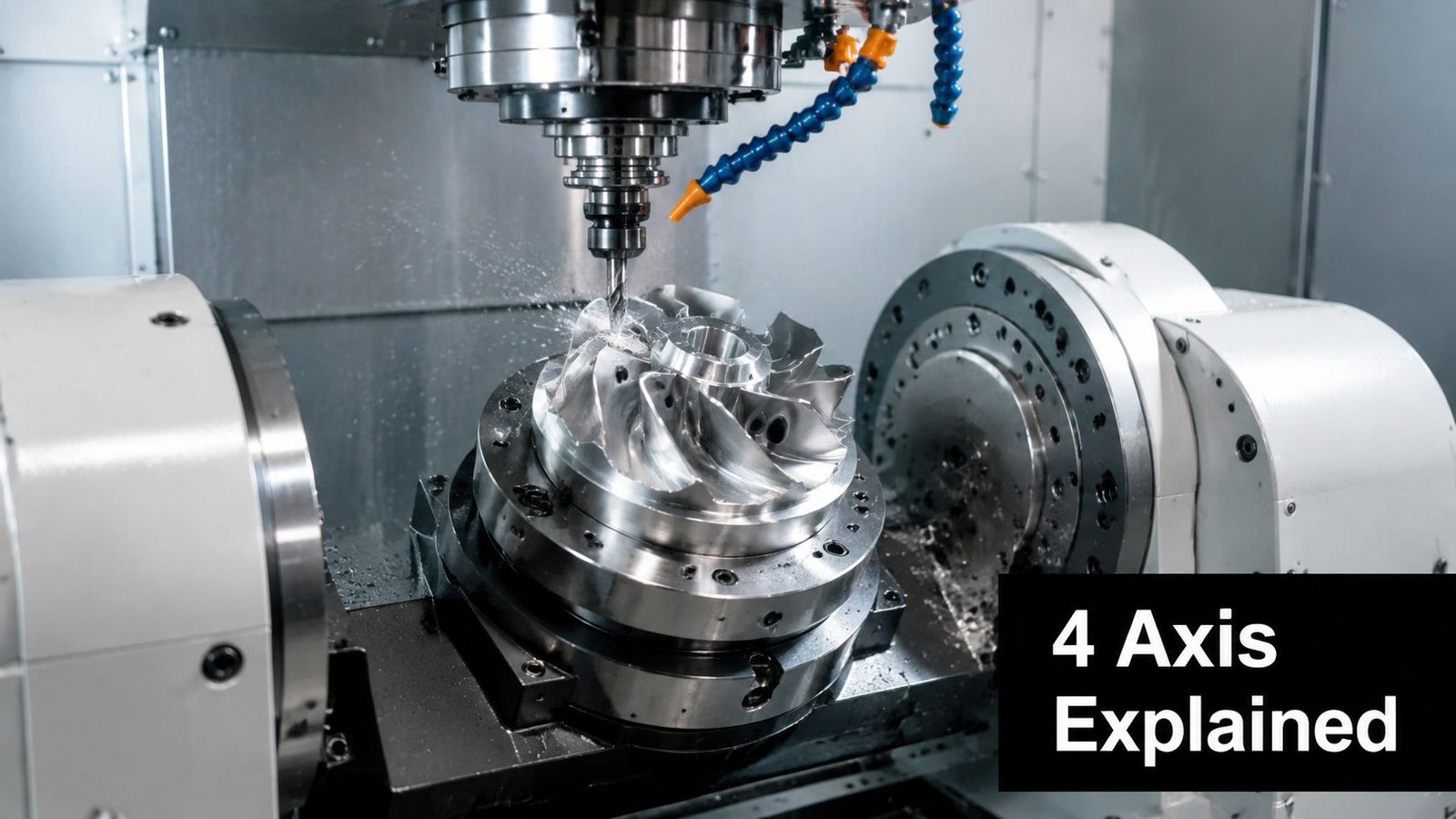 A close-up view of a metal impeller being machined on a 4-axis CNC milling machine.