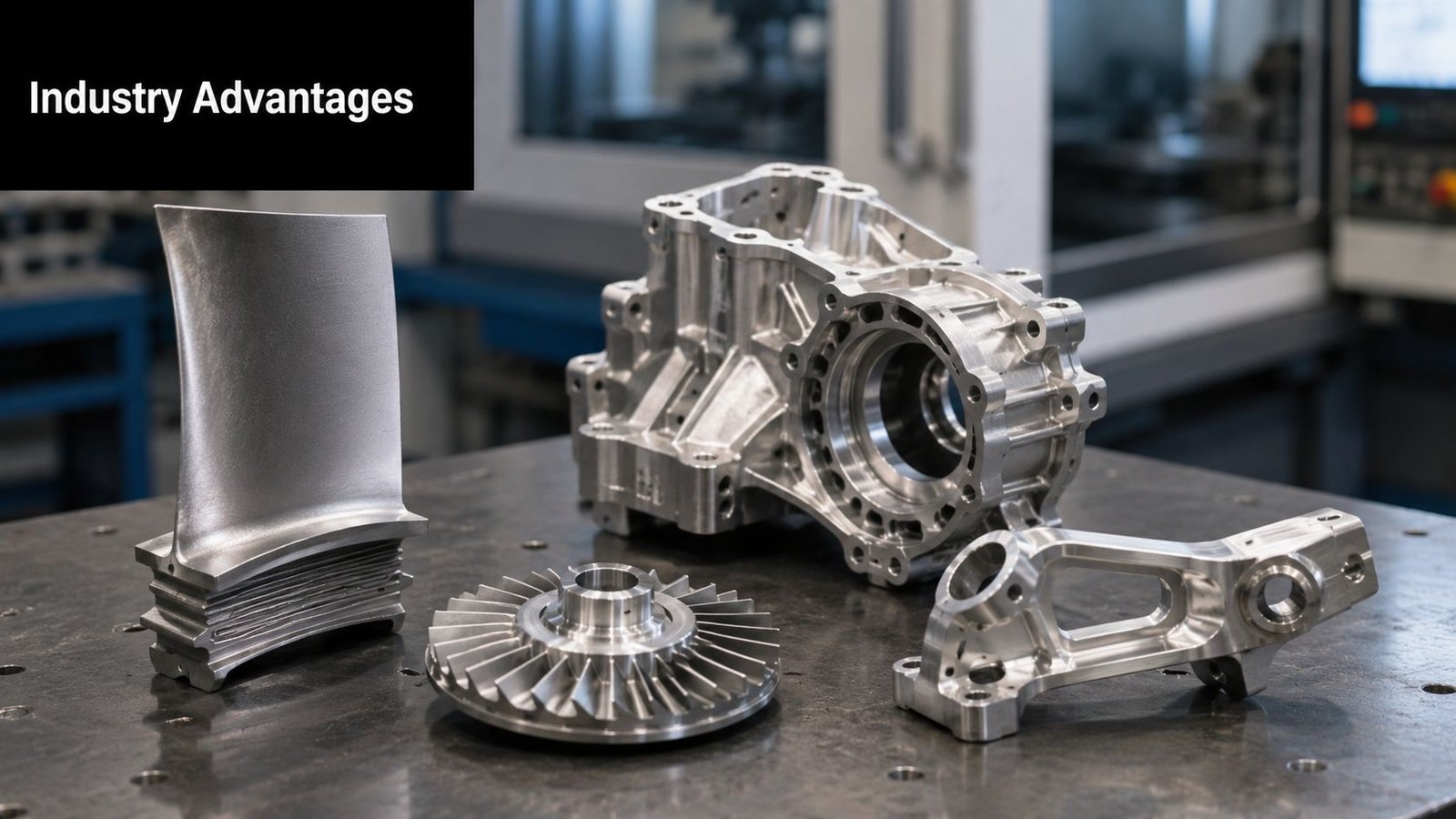 Several precision machined metal parts, including a turbine blade and a gearbox housing, displayed on a workbench.