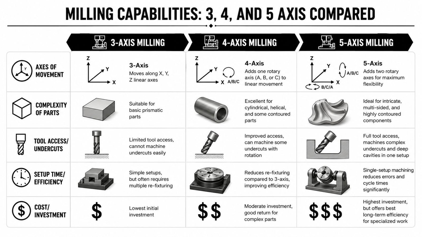 A comparison chart showing the differences between 3-axis, 4-axis, and 5-axis CNC milling machines for manufacturing.