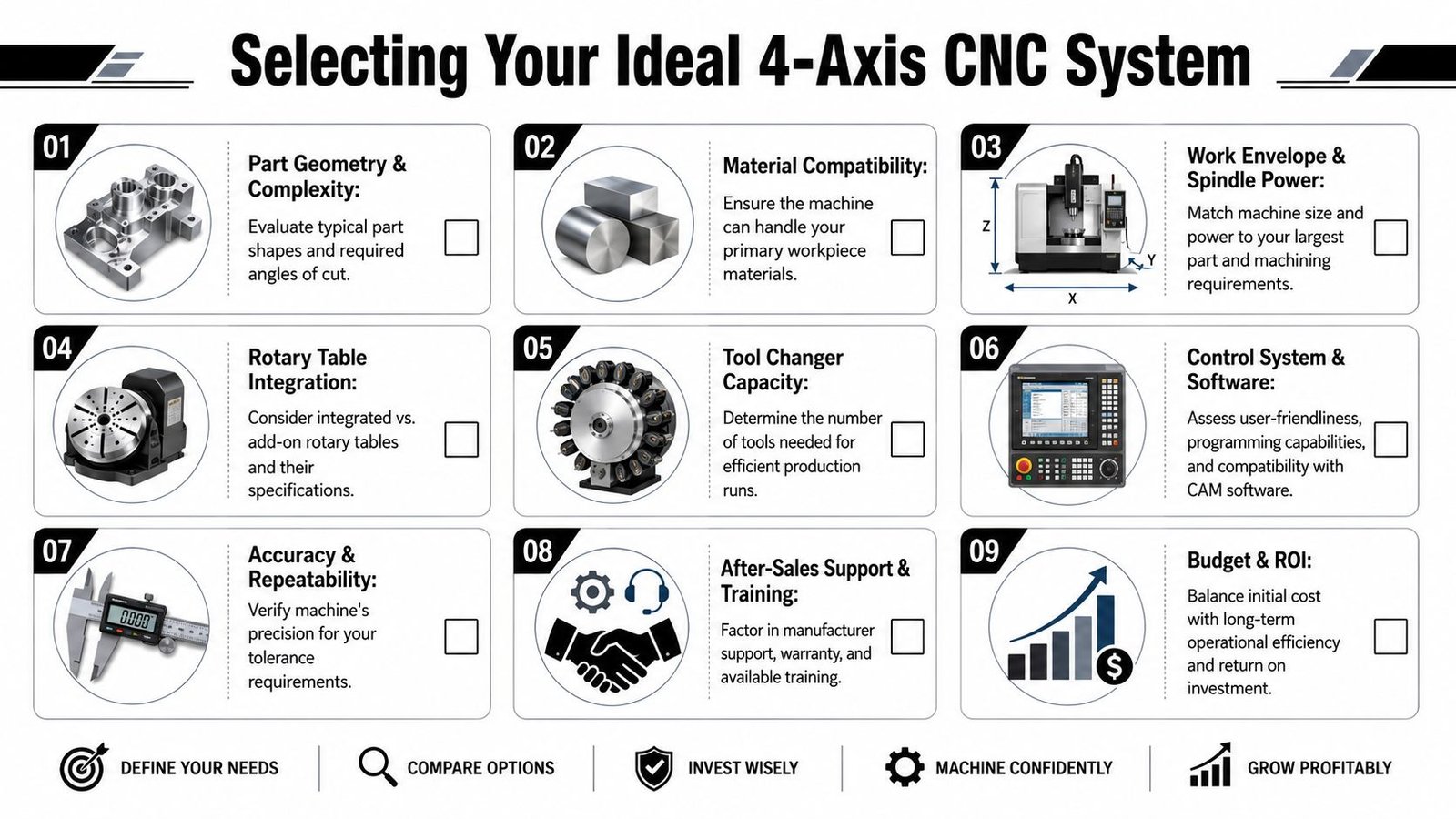 A guide infographic titled Selecting Your Ideal 4-Axis CNC System, outlining nine essential steps for machine selection.
