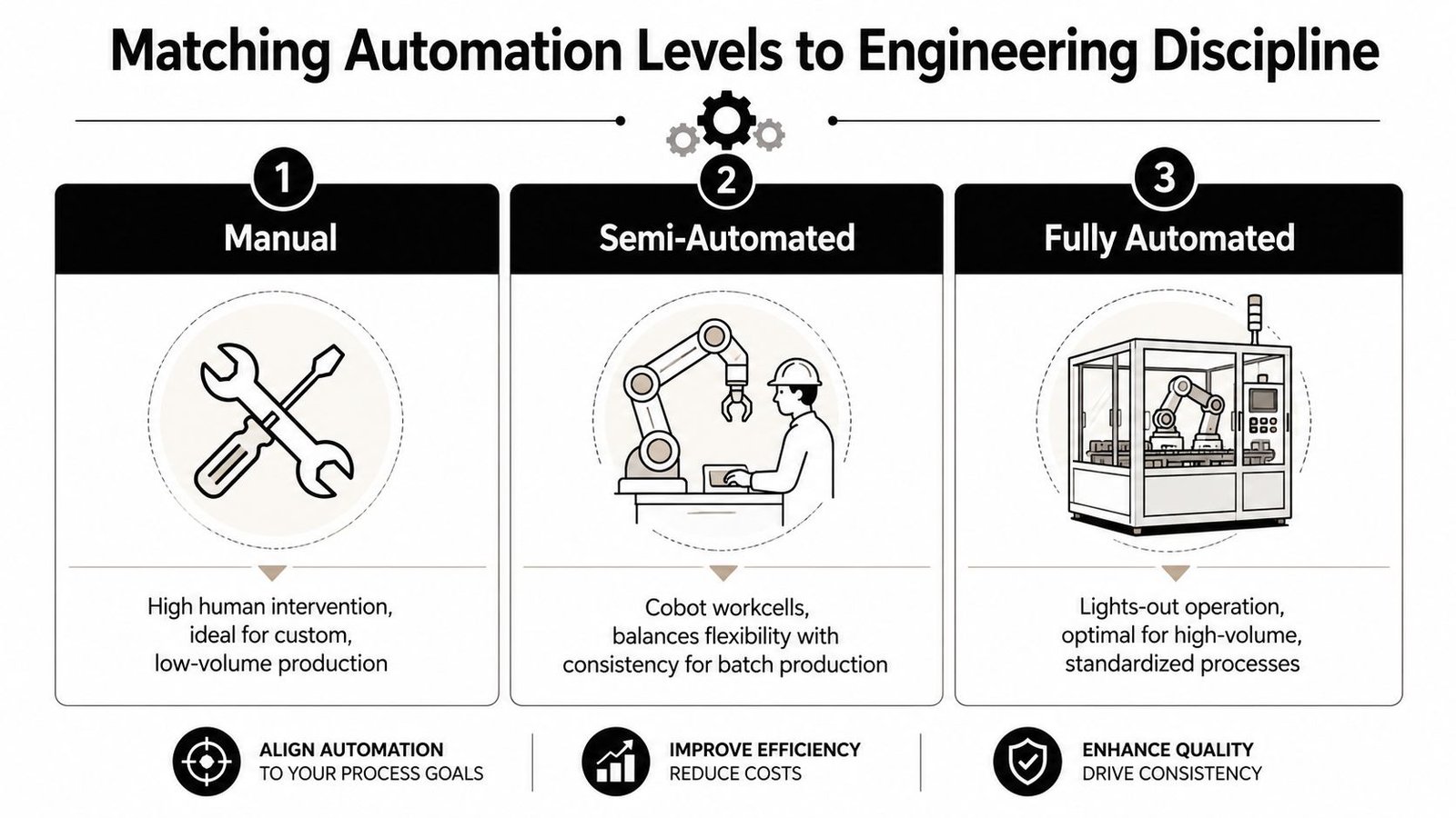 A diagram comparing three levels of automation: Manual, Semi-Automated, and Fully Automated for engineering processes.
