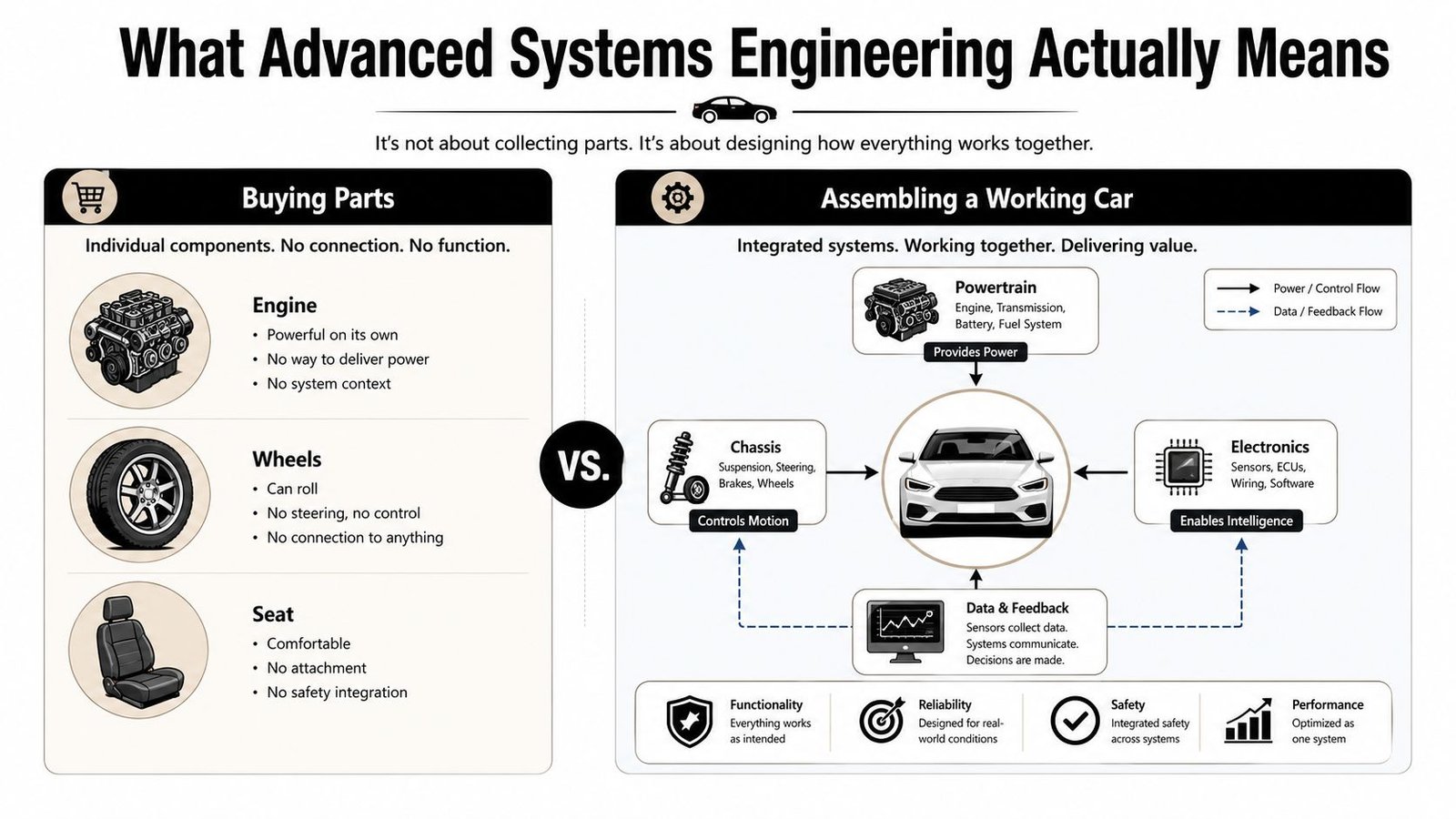 A diagram comparing individual vehicle components versus an integrated car system in advanced systems engineering.