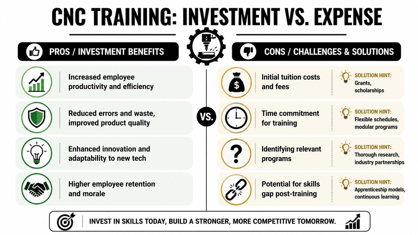 An infographic comparing the investment benefits against the challenges and solutions for CNC employee training programs.