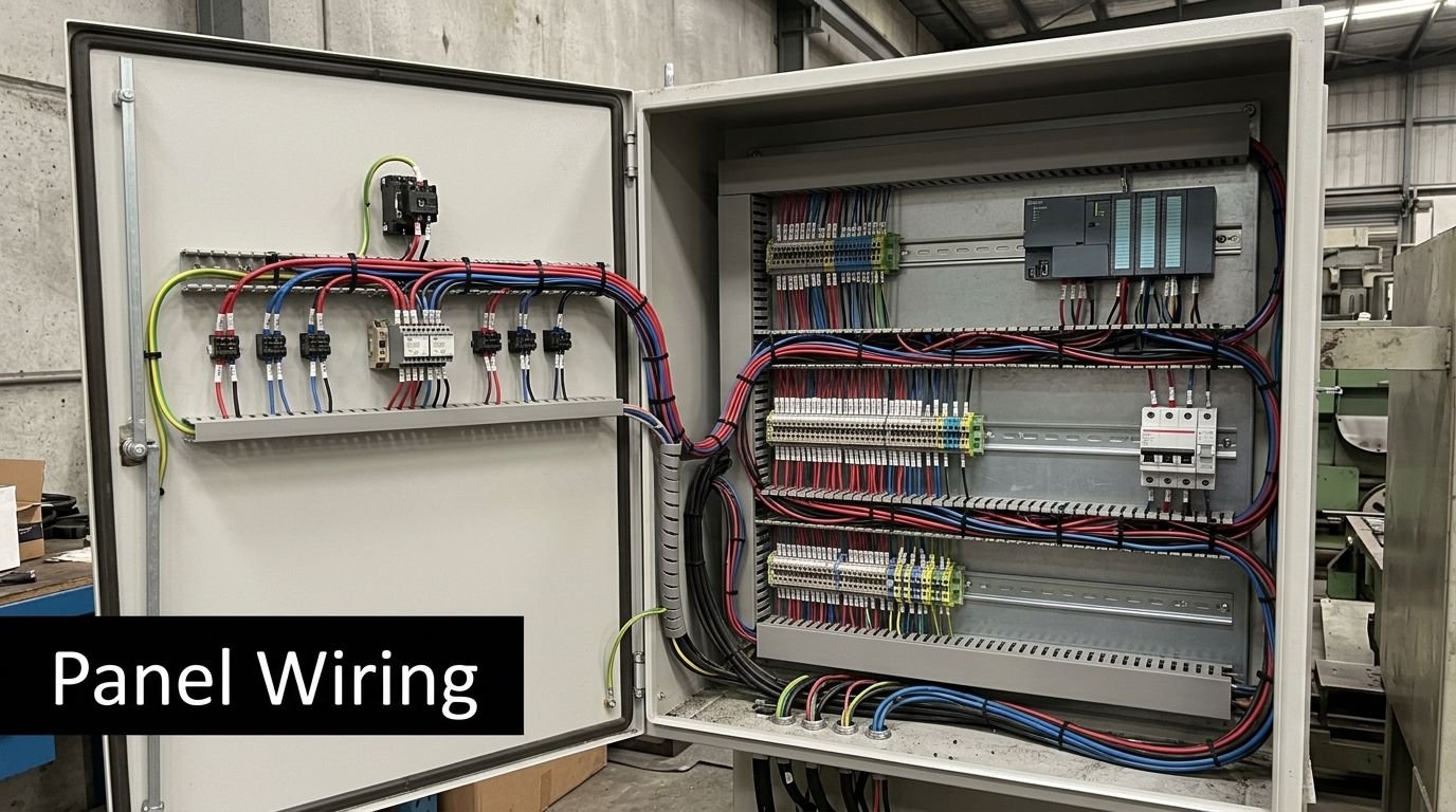 An open electrical industrial control panel featuring organized wiring, terminal blocks, and a programmable logic controller unit.