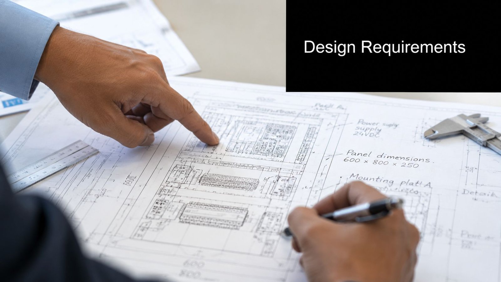 An engineer reviewing technical blueprints for an automation control panel design with a pen and caliper.