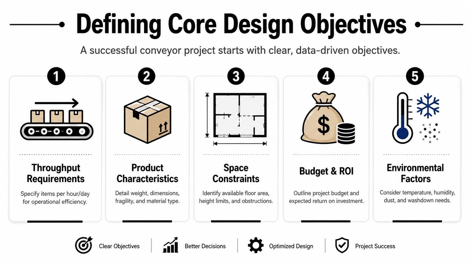An infographic showing five key steps for defining core design objectives for a conveyor system project.