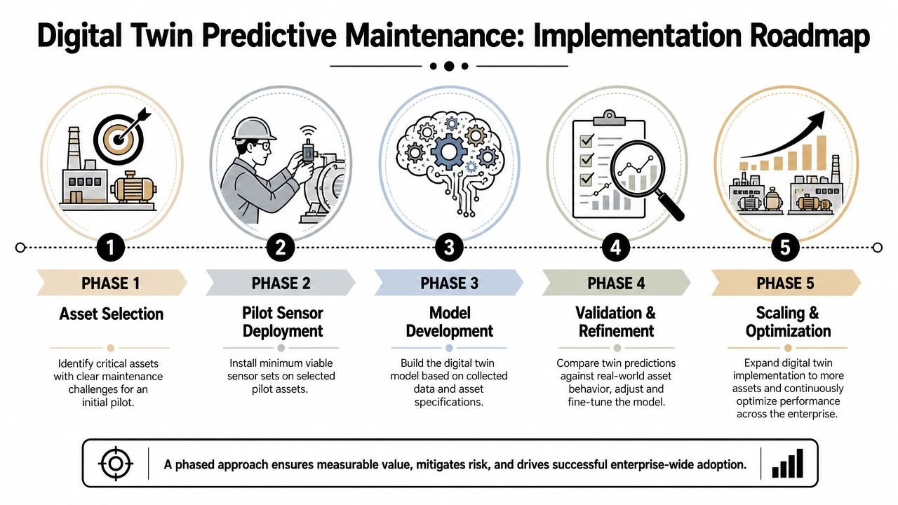 A five-phase implementation roadmap infographic showing the step-by-step process for deploying digital twin predictive maintenance technology.
