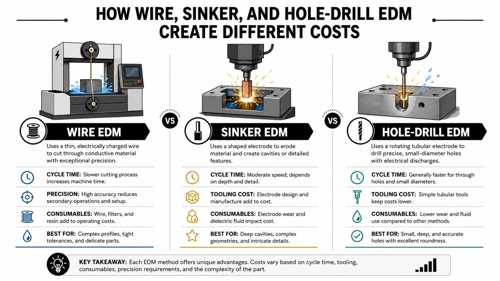 A comparative infographic detailing the cost factors and applications of wire, sinker, and hole-drill EDM machining methods.