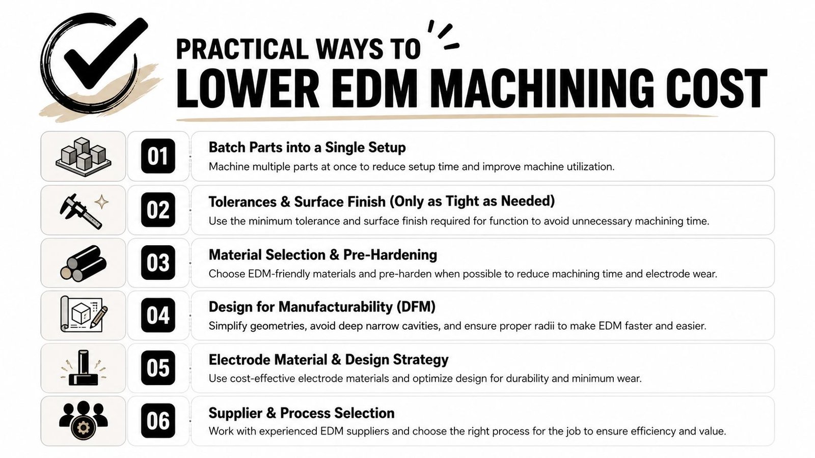 A helpful infographic listing six practical strategies to reduce costs during the EDM machining manufacturing process.
