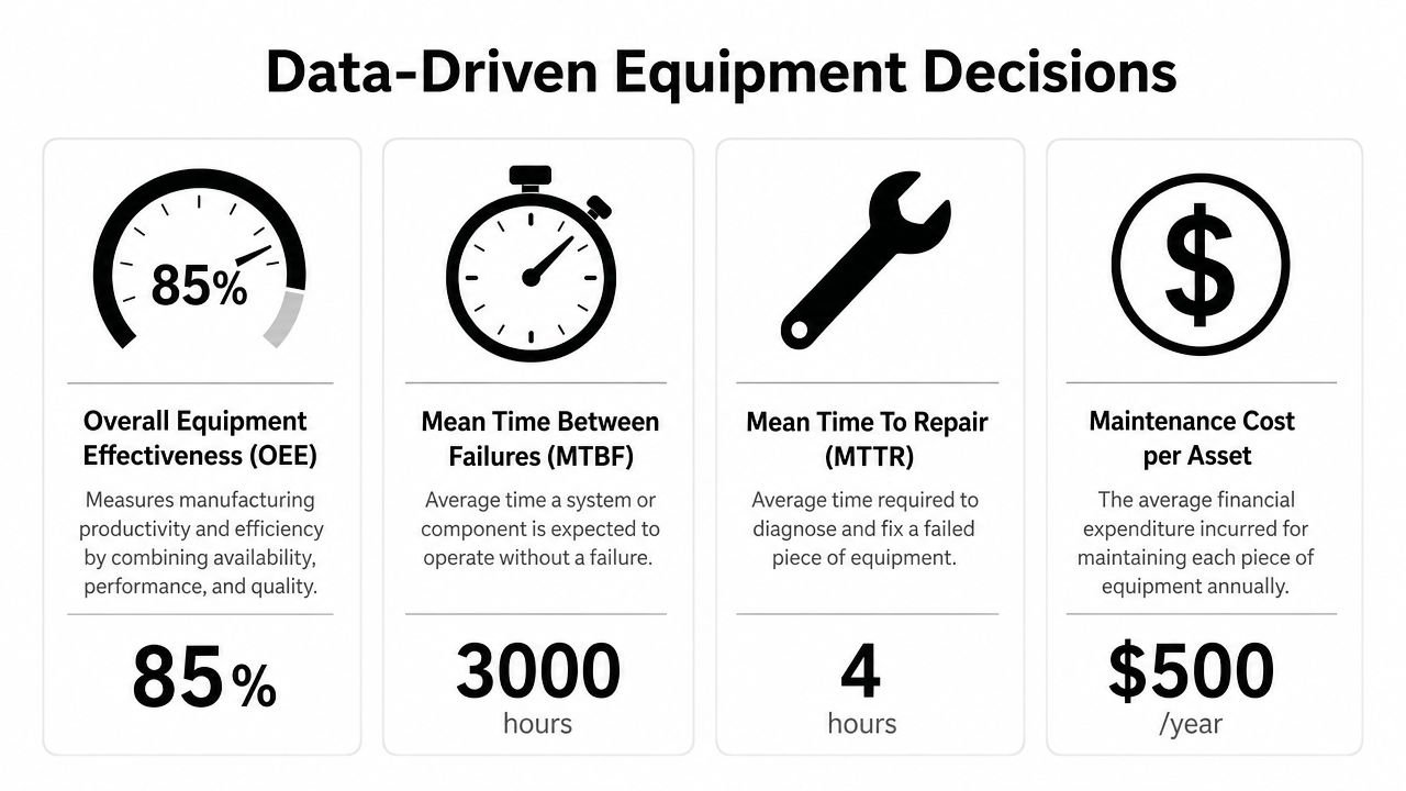 An infographic showing four key performance metrics for data-driven equipment decisions in a manufacturing environment.