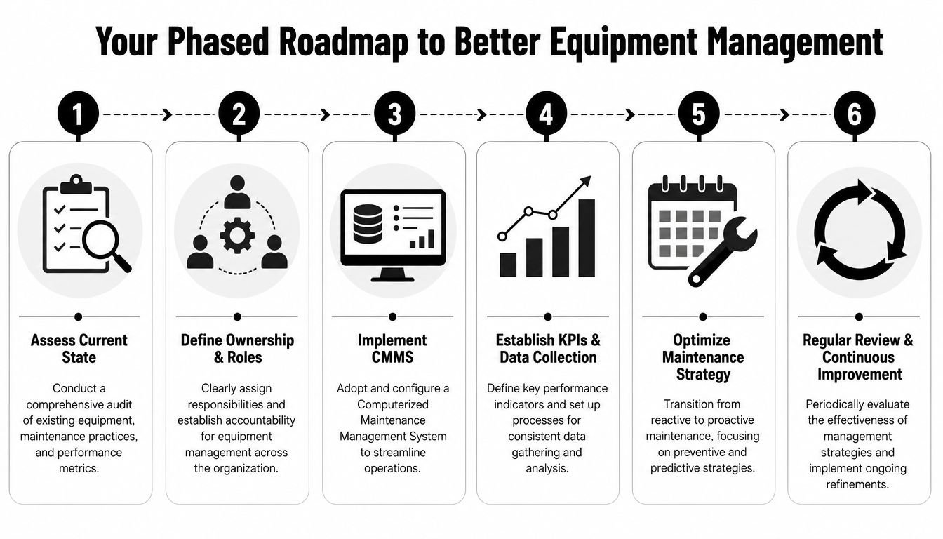 A six-step phased roadmap infographic for achieving effective equipment management within an industrial or business organization.