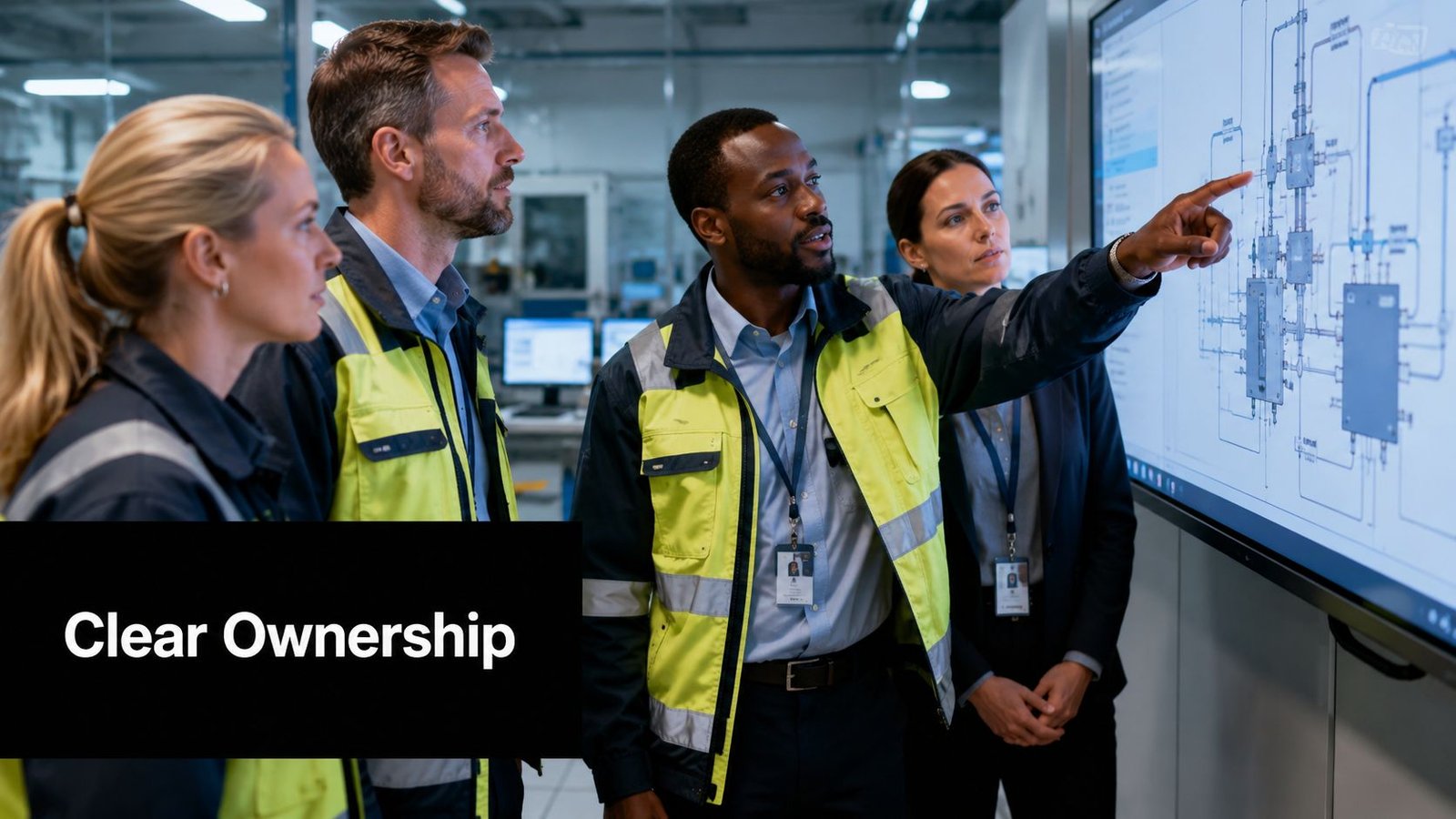 A diverse team of professionals collaborating and pointing at a technical process diagram on a large screen.