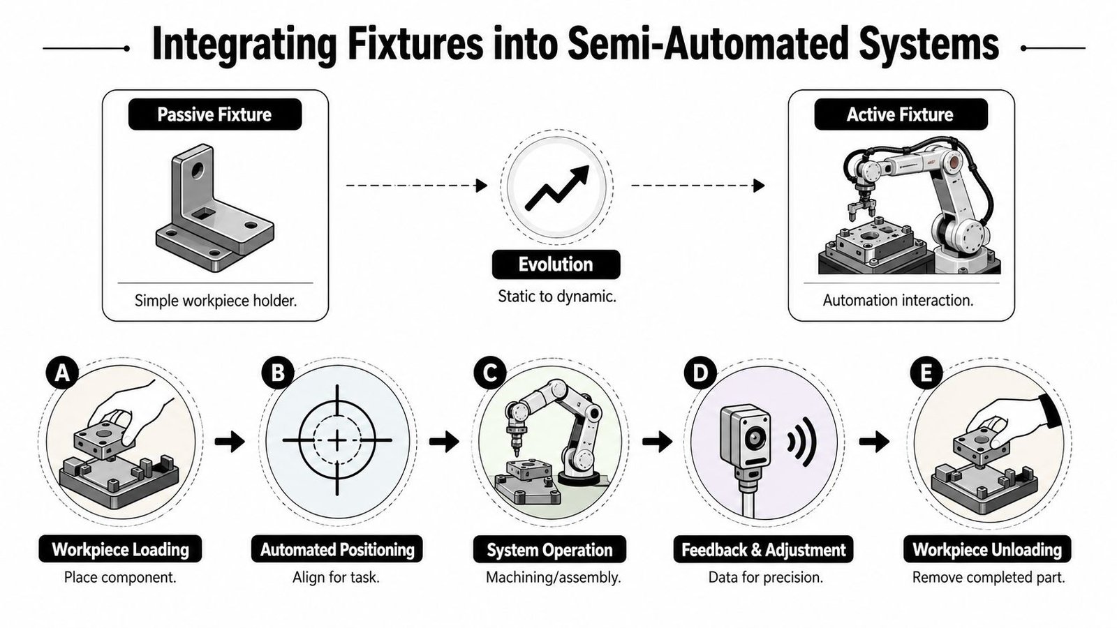 A diagram illustrating the integration of passive and active fixtures into semi-automated manufacturing systems via process steps.