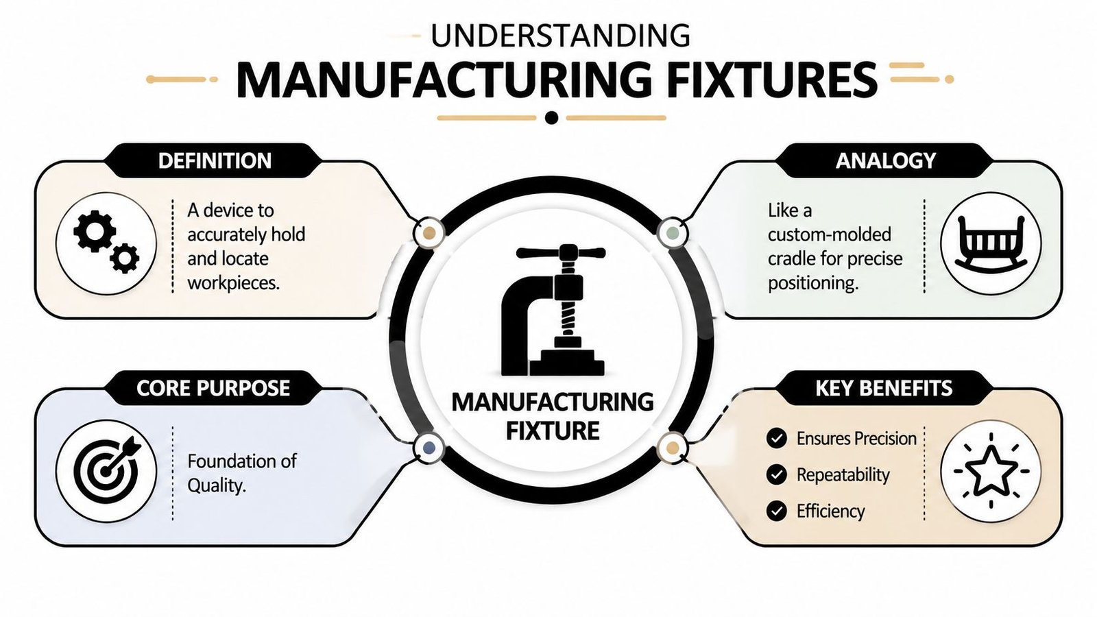 A diagram explaining manufacturing fixtures, defining them as devices to hold and locate workpieces for quality production.