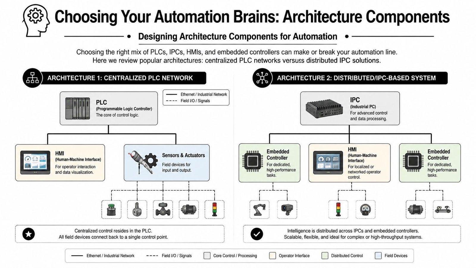 A diagram comparing centralized PLC network architecture with distributed IPC-based automation systems for industrial control design.