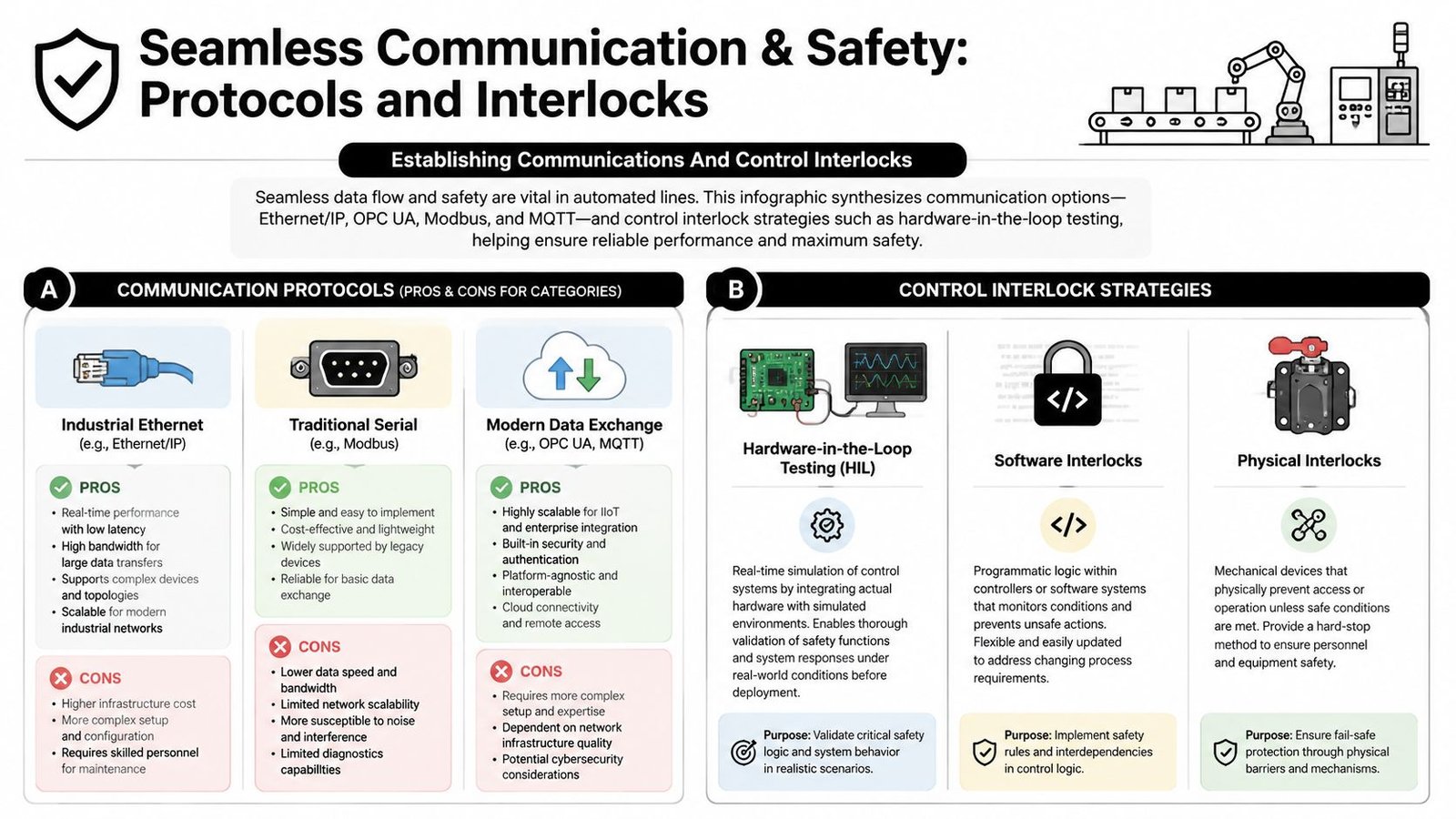 An infographic detailing industrial communication protocols and various control interlock strategies for automated manufacturing systems.