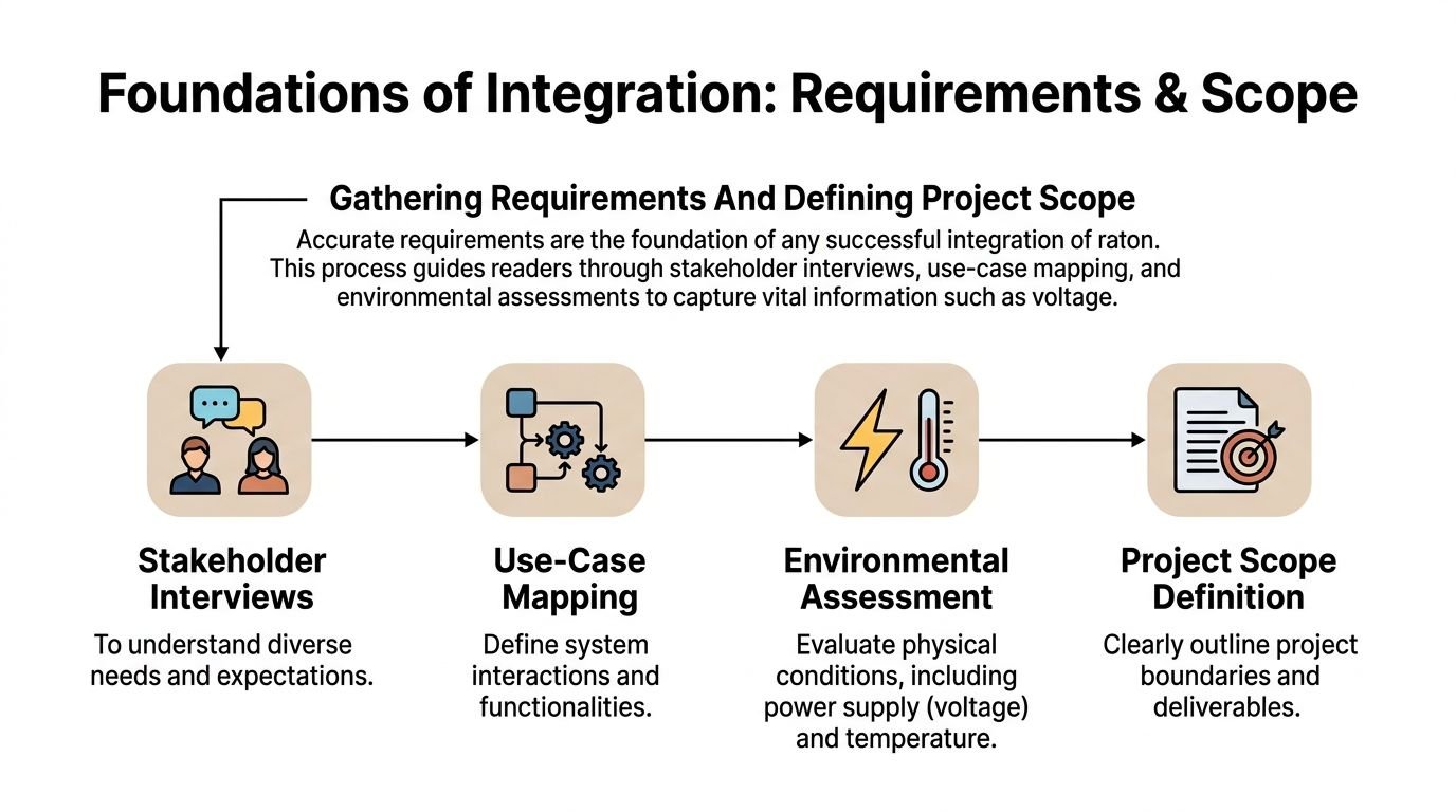 A diagram outlining the foundational four-step process for hardware and software integration: stakeholder interviews, use-case mapping, environmental assessment, and project scope definition.