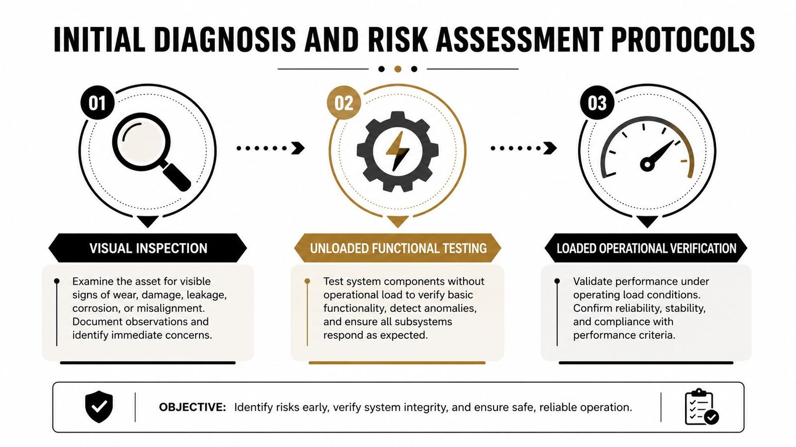 A diagram outlining the three steps of industrial equipment initial diagnosis and risk assessment protocols.