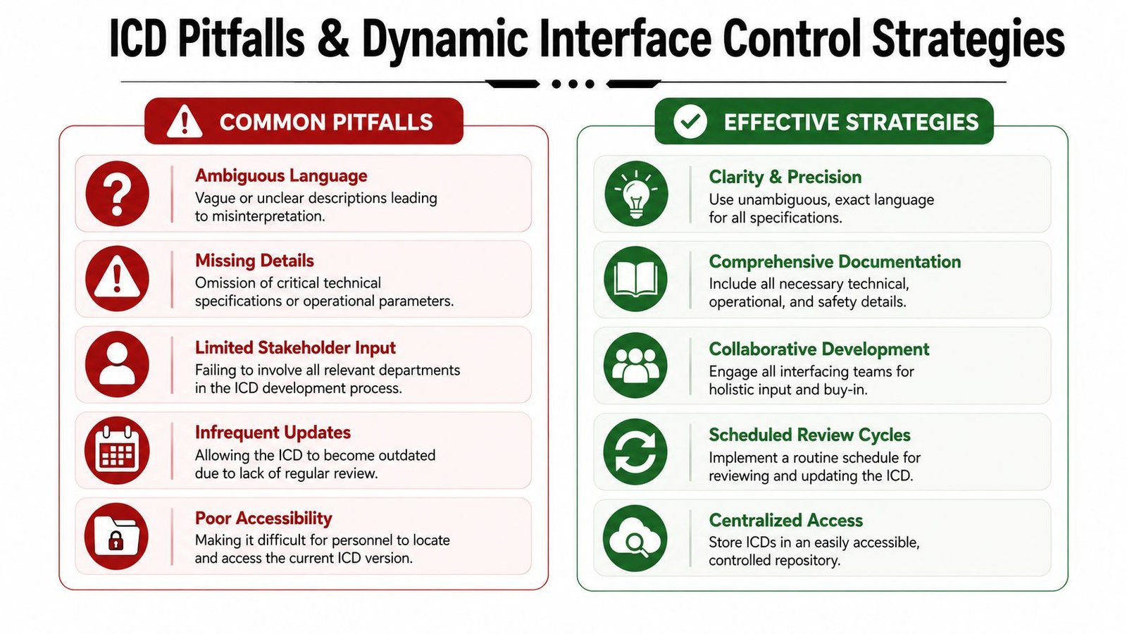 A comparison chart outlining common pitfalls and effective strategies for managing interface control documentation in technical projects.
