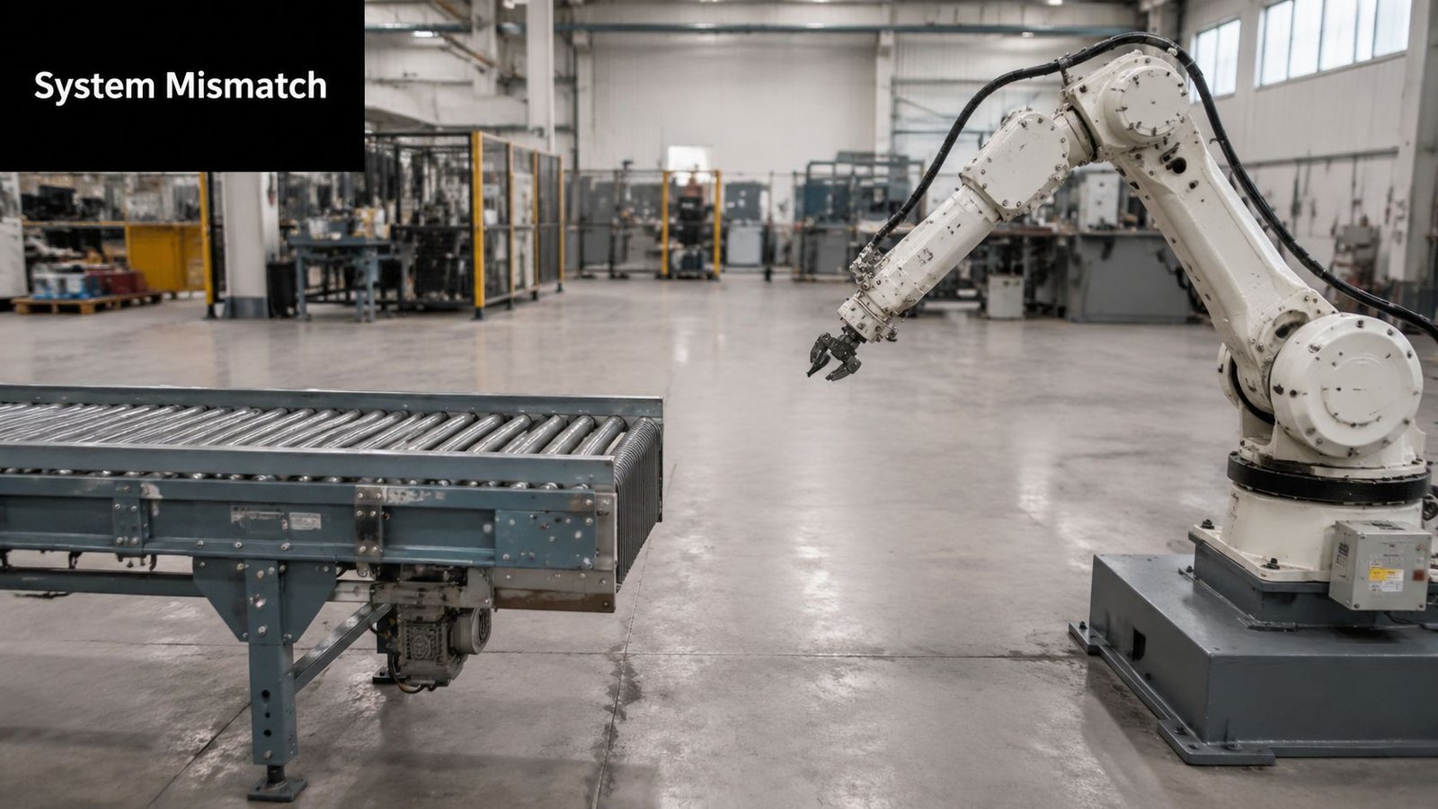 A robotic arm positioned next to an industrial conveyor belt in a spacious, modern manufacturing facility.