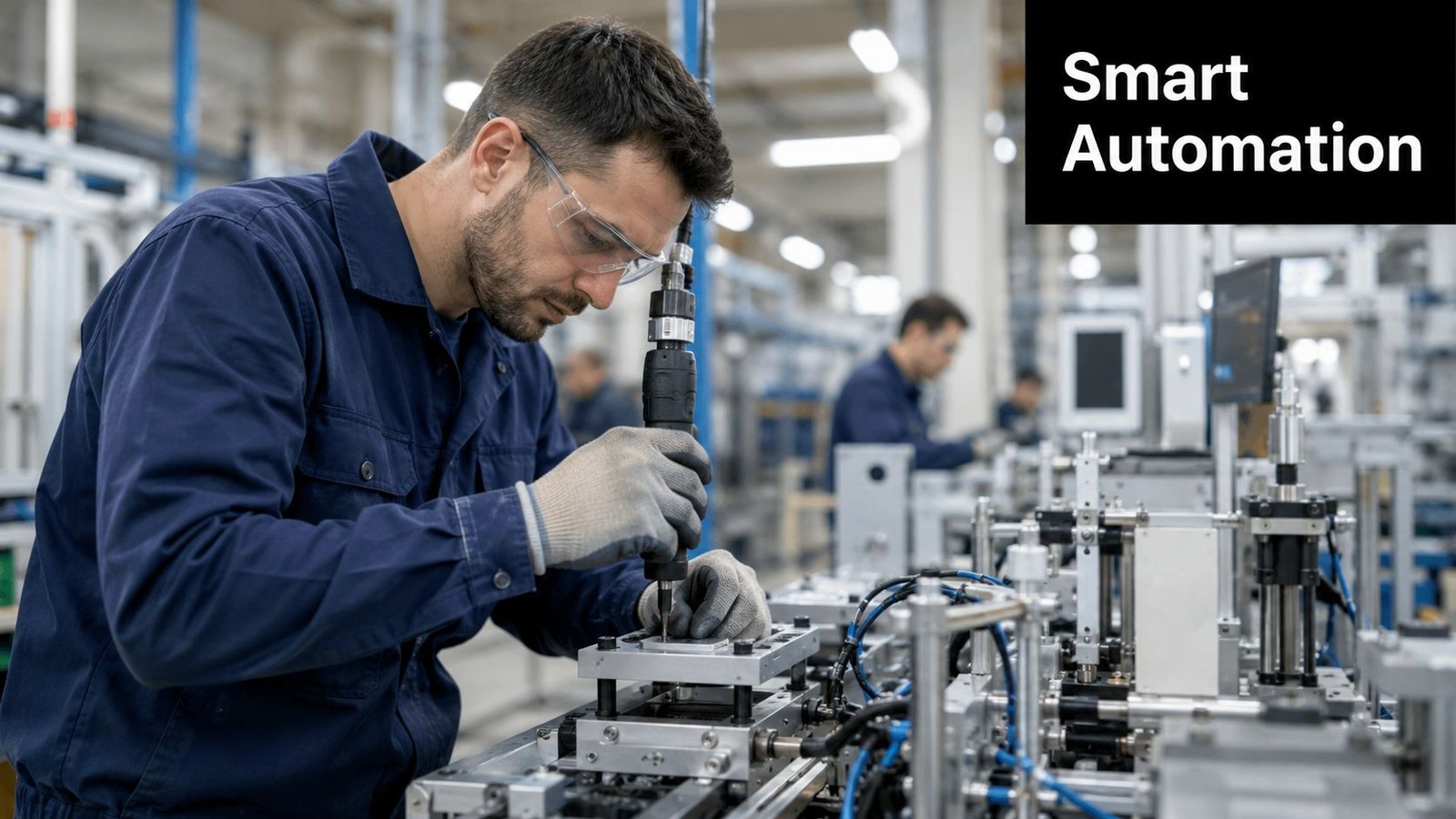 A technician wearing safety glasses and gloves uses an industrial tool on an assembly line at a factory.