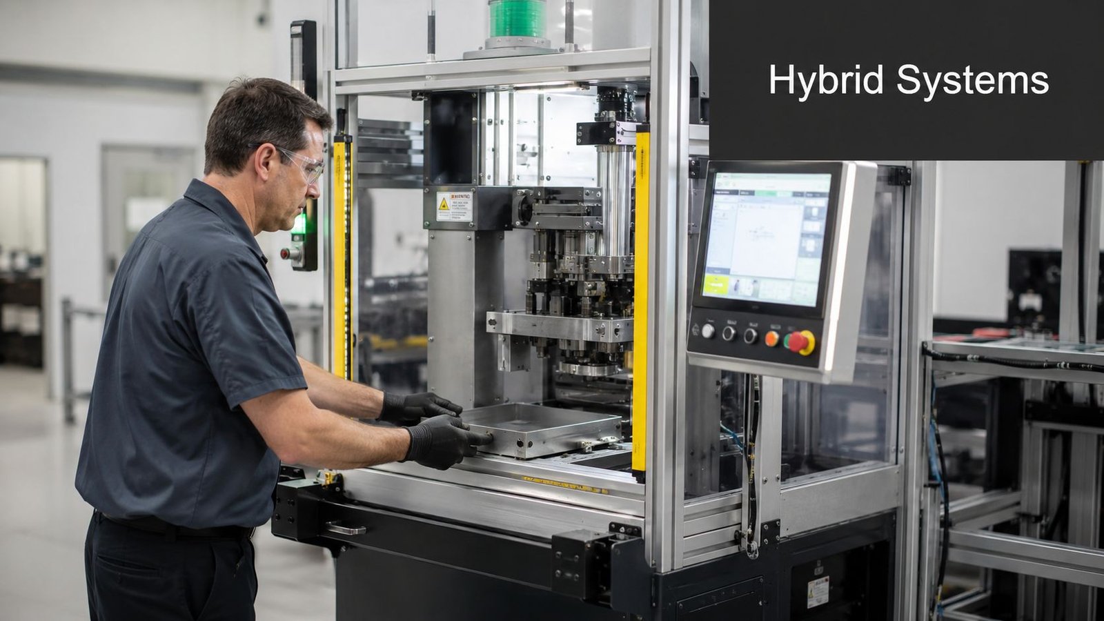 A technician wearing safety glasses and black gloves operating an industrial assembly machine in a factory setting.
