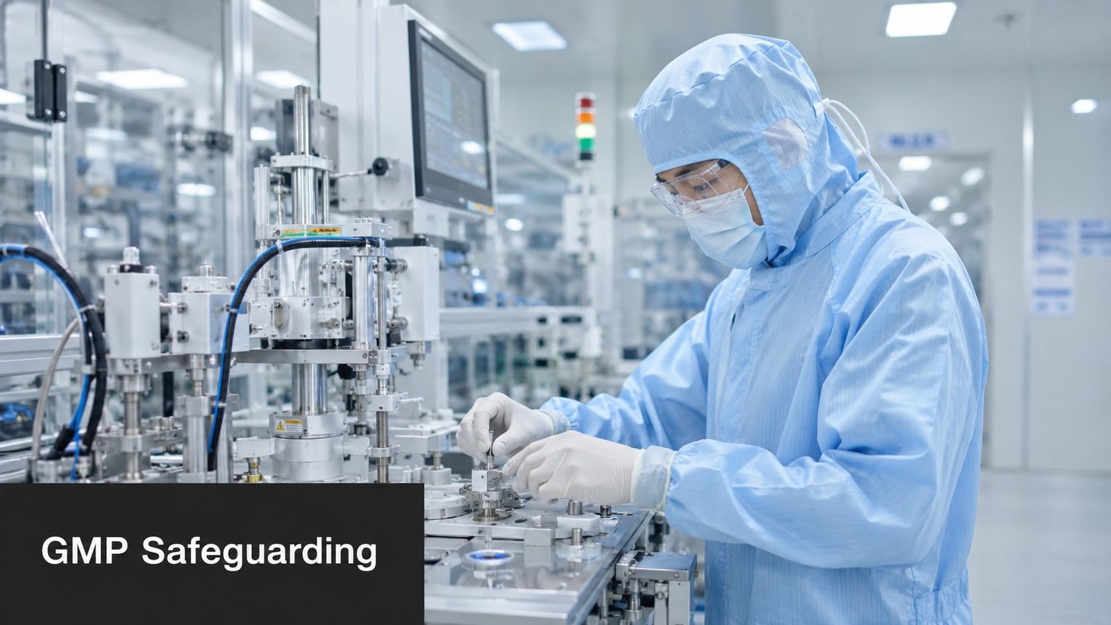 A technician wearing a cleanroom suit and gloves works on precise industrial manufacturing equipment in a laboratory.