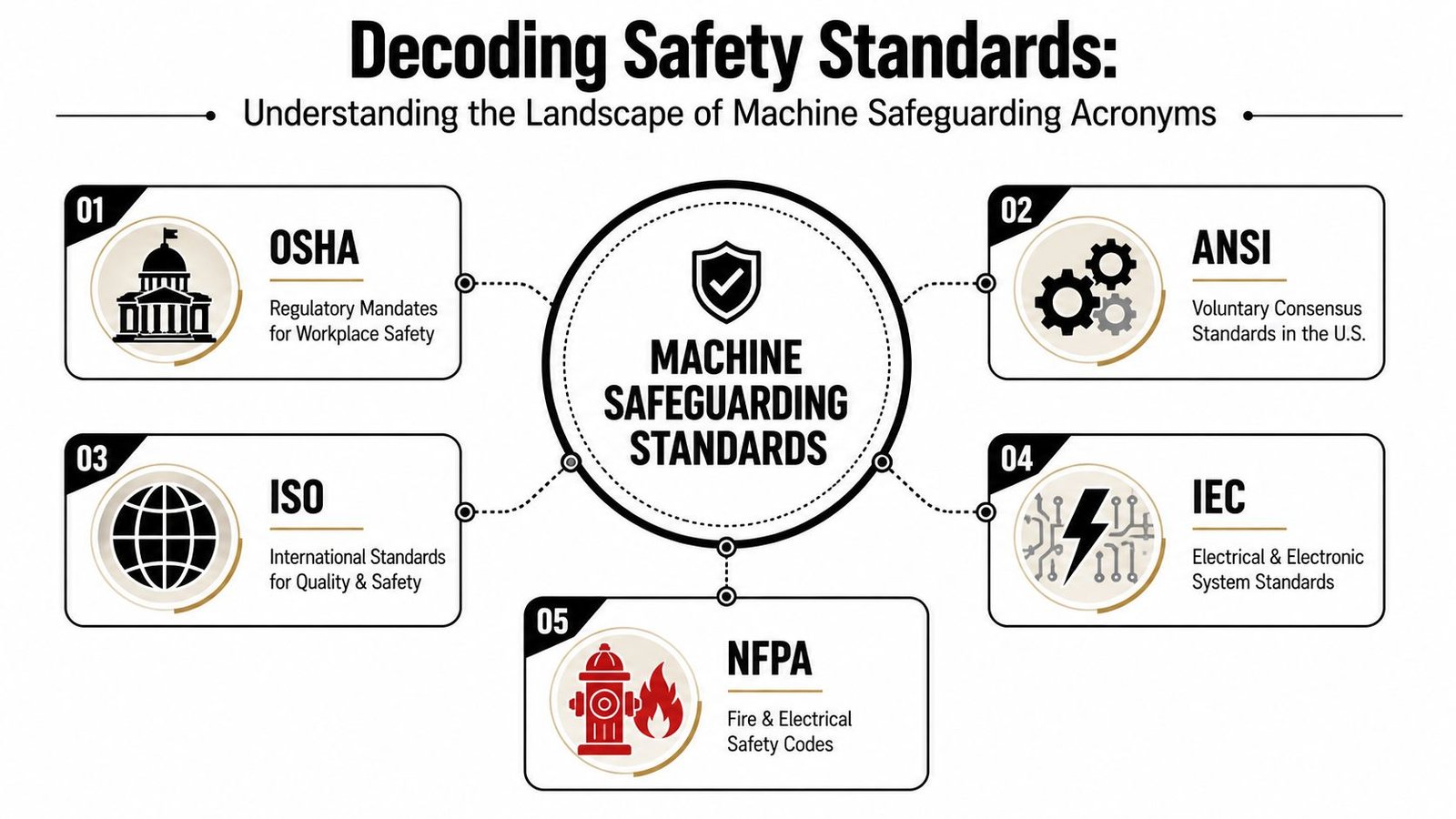 A diagram titled Decoding Safety Standards illustrating five key organizations involved in machine safeguarding and workplace safety regulations.