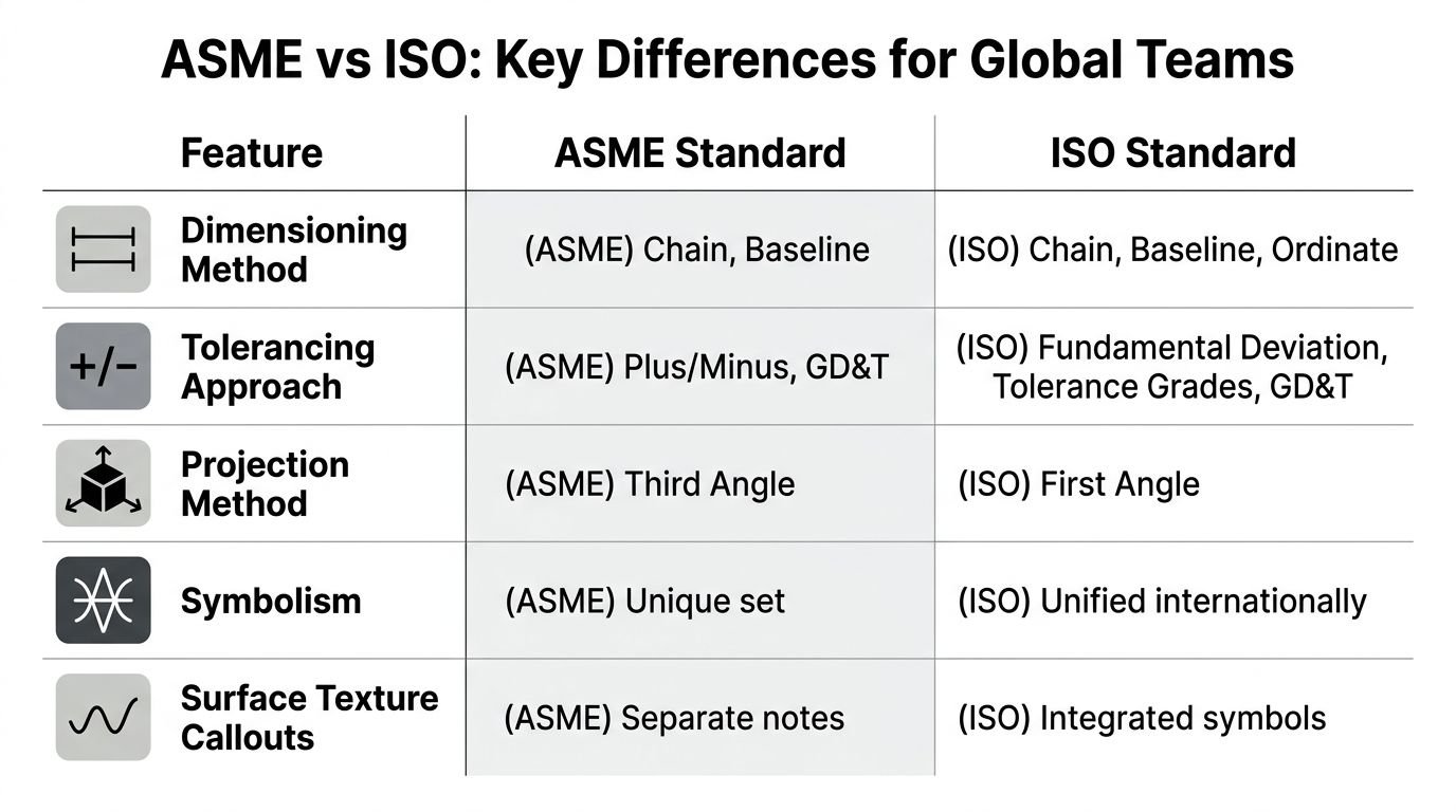 A comparison table highlighting key differences between ASME and ISO engineering standards for global manufacturing teams.