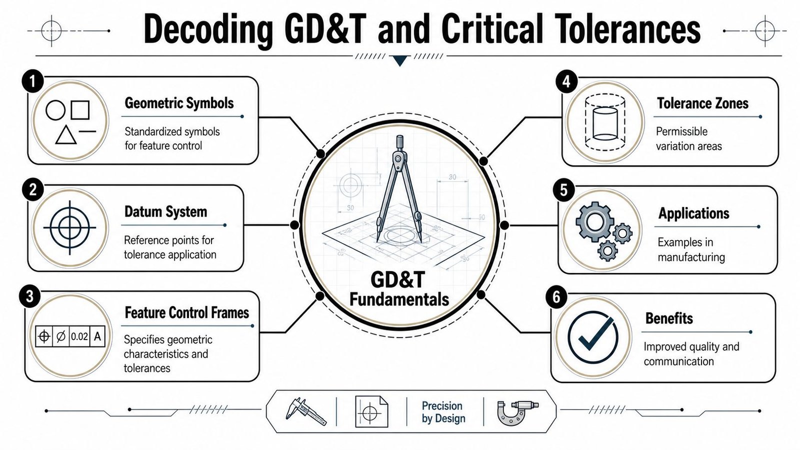 An infographic titled Decoding GD&T and Critical Tolerances, explaining six key concepts in technical engineering standards.