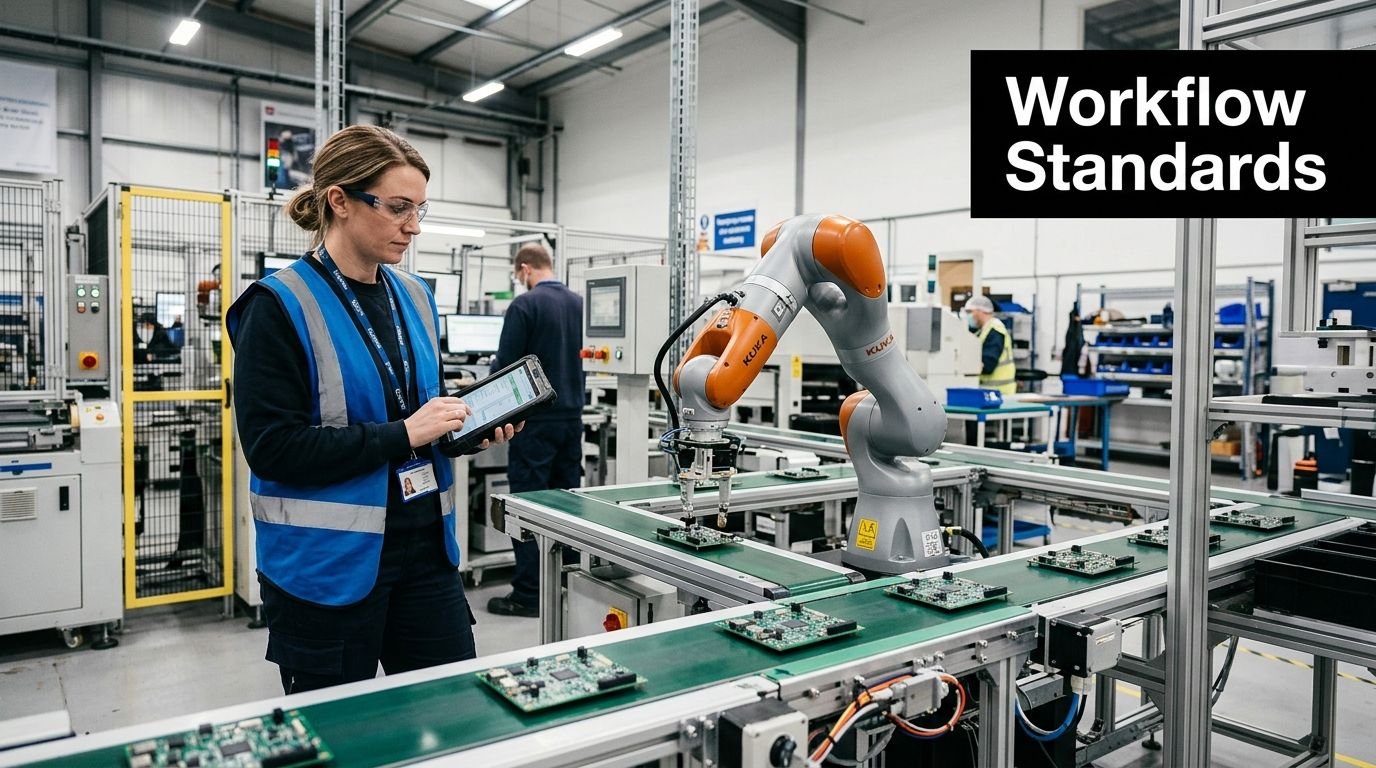 A technician using a tablet to monitor a robotic arm on an electronics assembly line in a factory.
