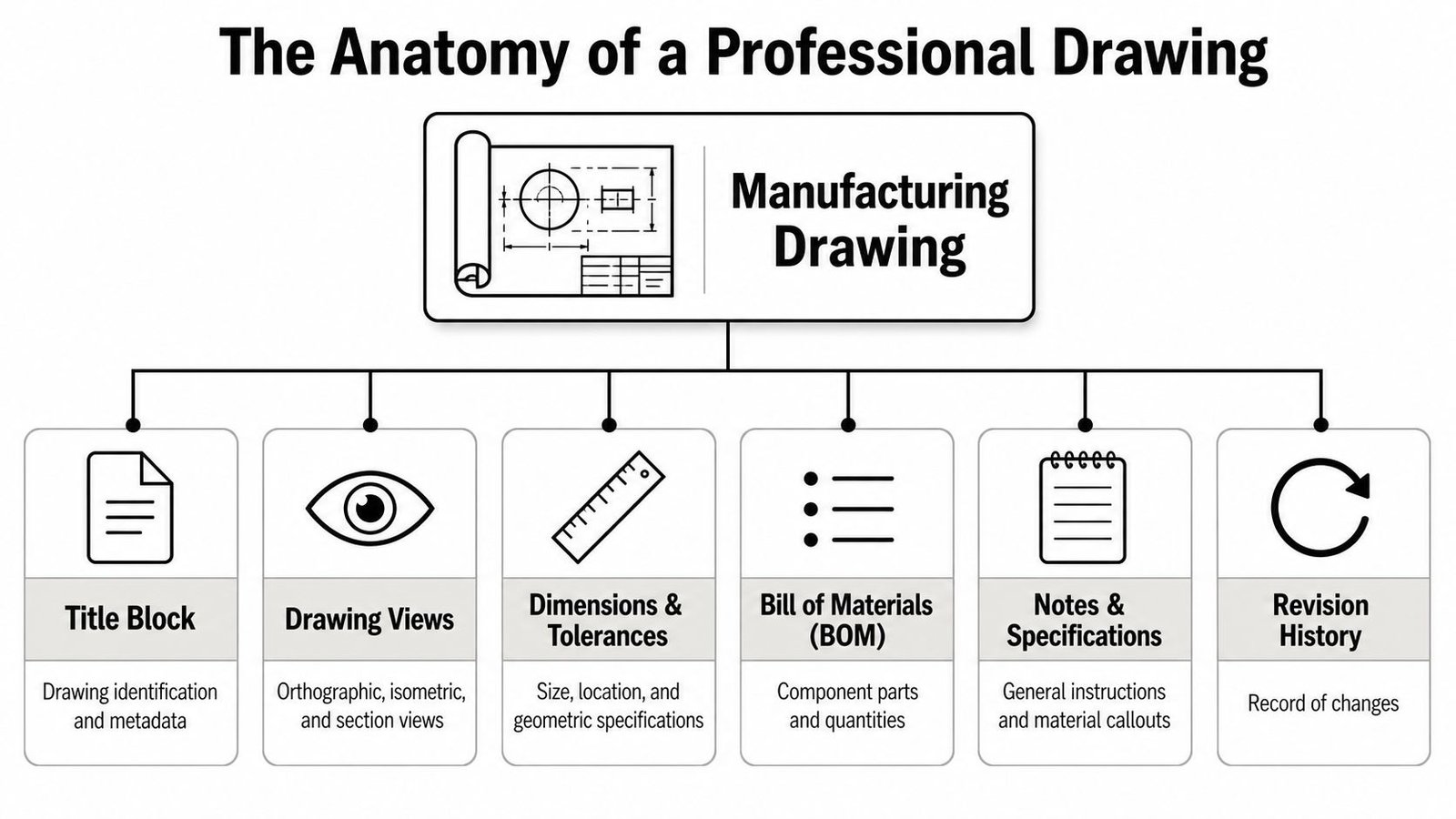 A diagram outlining the key components of a professional manufacturing drawing, including its essential structural elements.