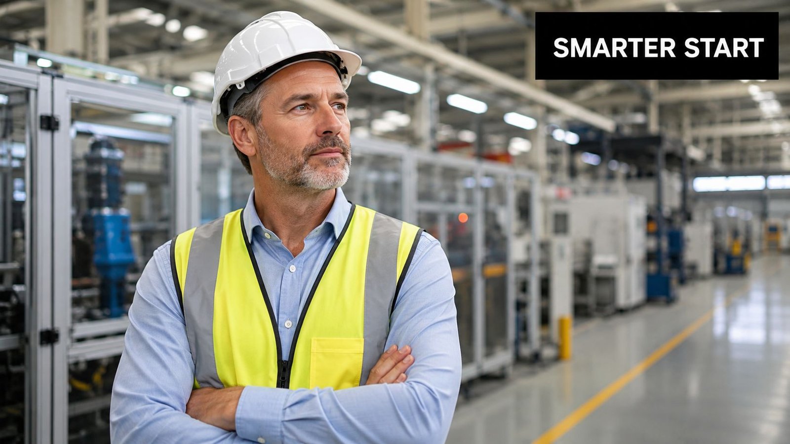 A professional manager in a hard hat and high visibility vest standing in a modern industrial factory.