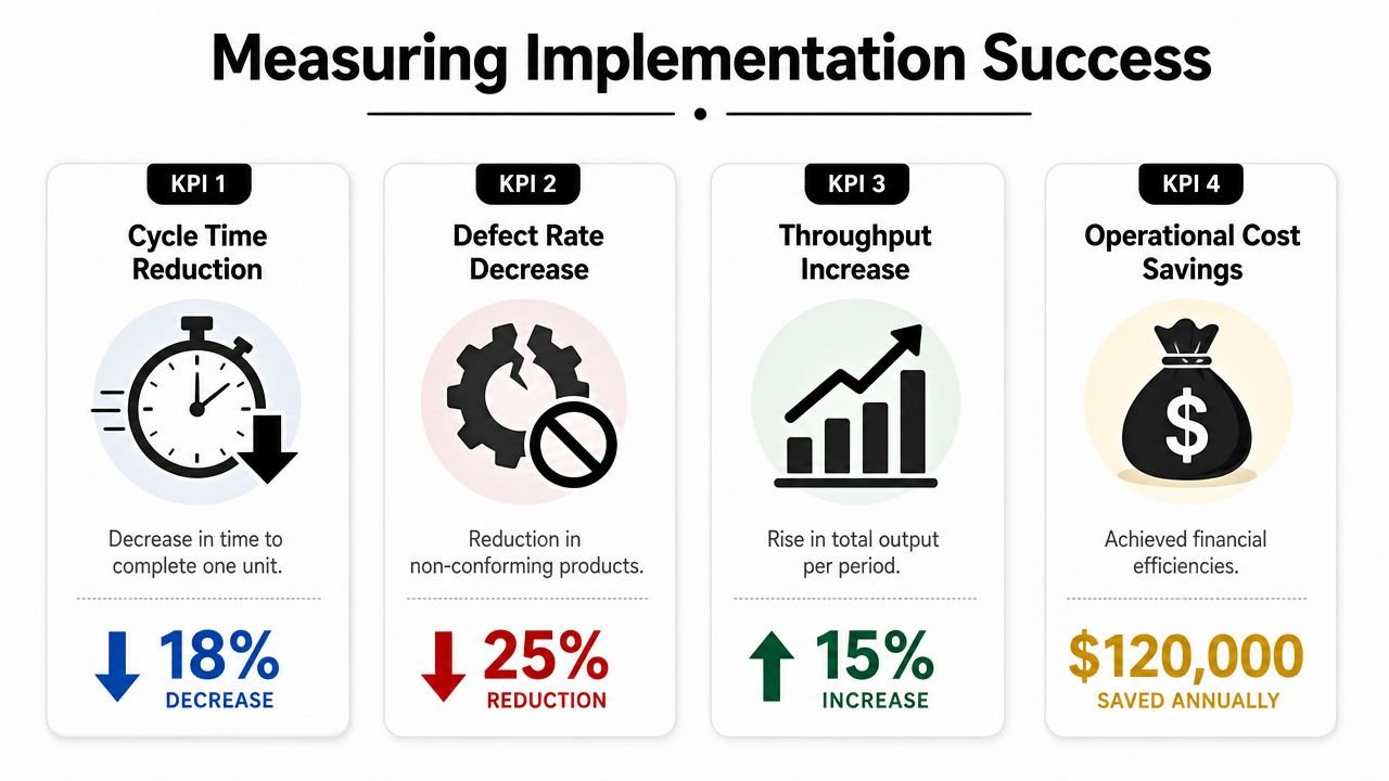 A performance dashboard illustrating key metrics for measuring manufacturing process improvement success through four specific KPIs.