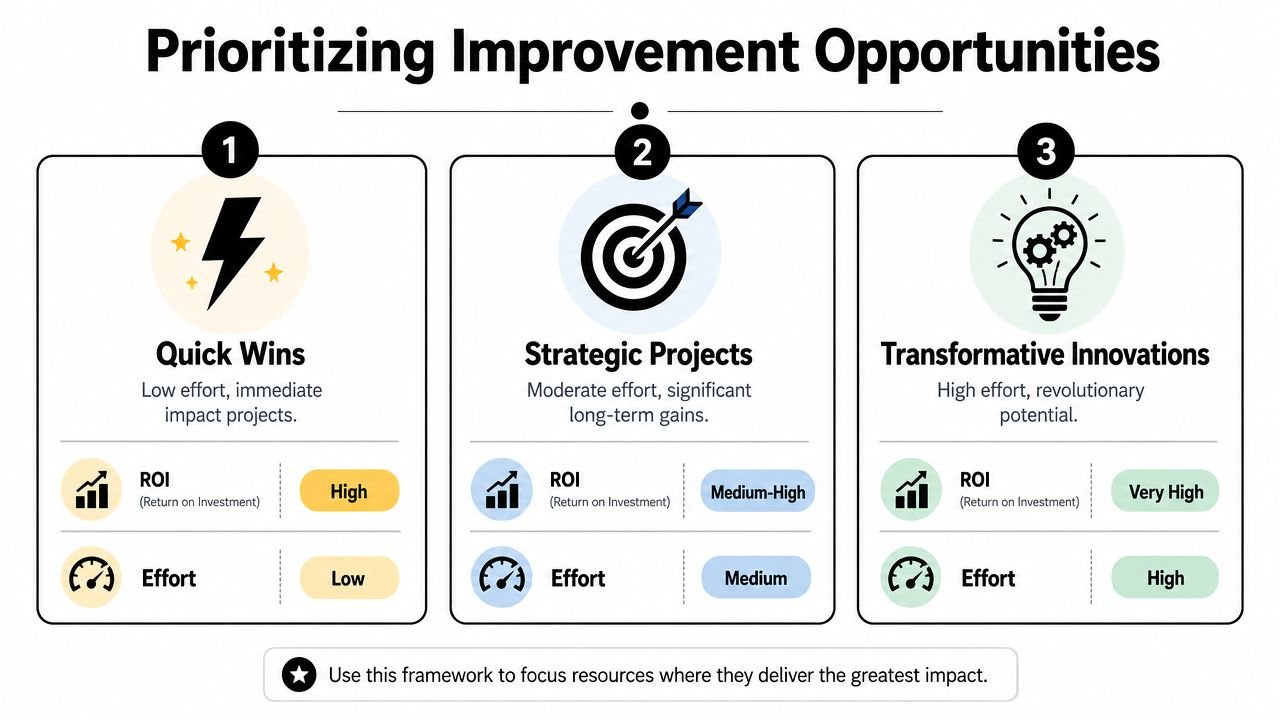 A diagram illustrating a three-part framework for prioritizing improvement projects based on ROI and effort levels.