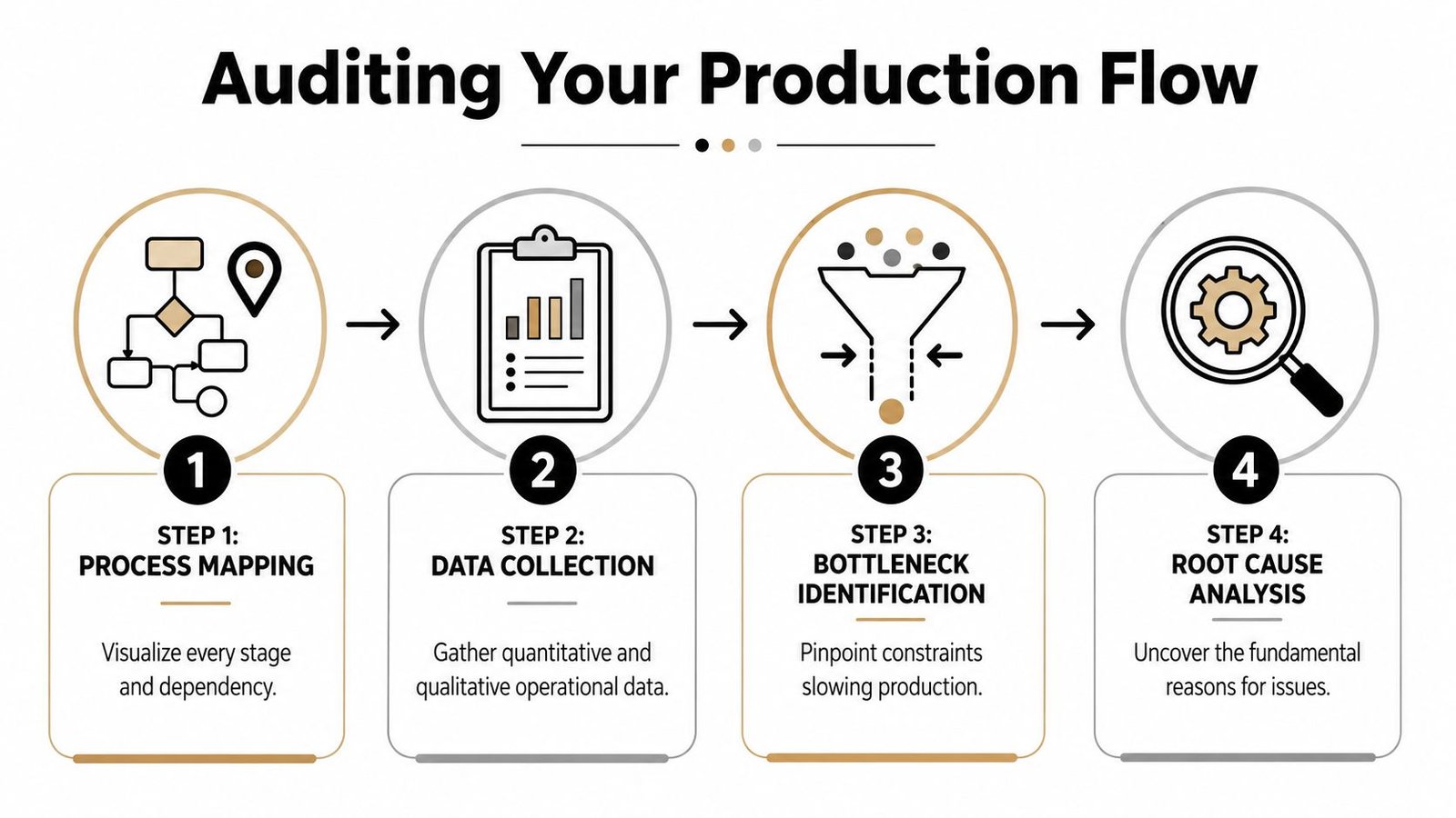A four-step infographic illustrating the process of auditing a production flow, from mapping to root cause analysis.