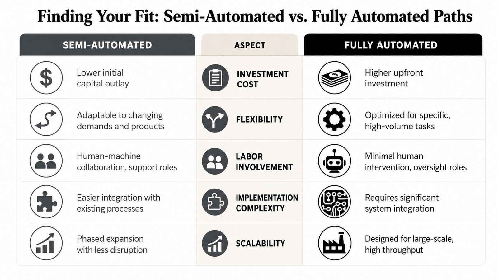 A comparison chart outlining the key differences between semi-automated and fully automated material handling systems.