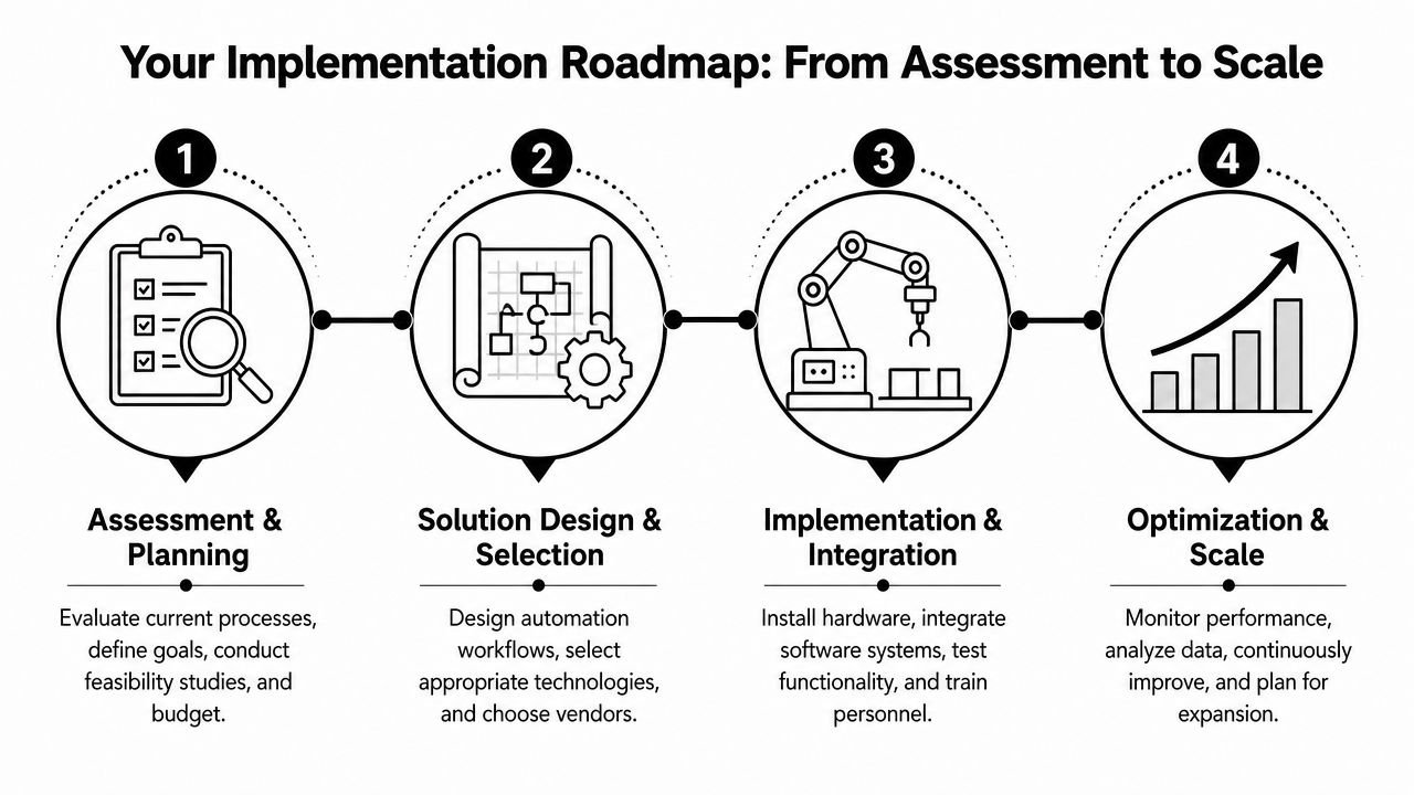 A four-step business implementation roadmap showing the process from assessment and planning to optimization and scaling.