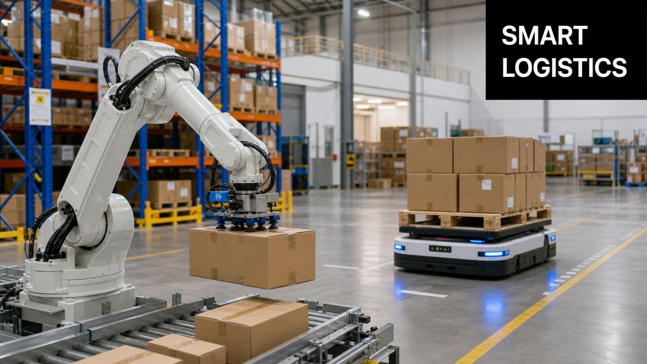 A robotic arm placing a cardboard box onto a conveyor belt in a smart warehouse setting.