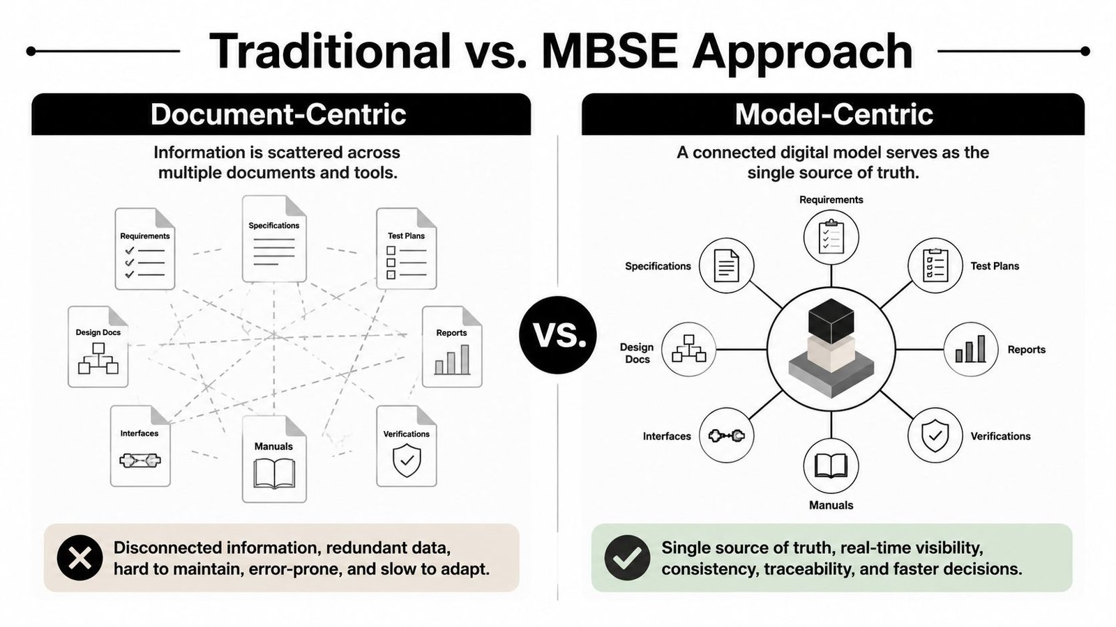 A comparison chart showing the differences between traditional document-centric and modern model-centric system engineering approaches.