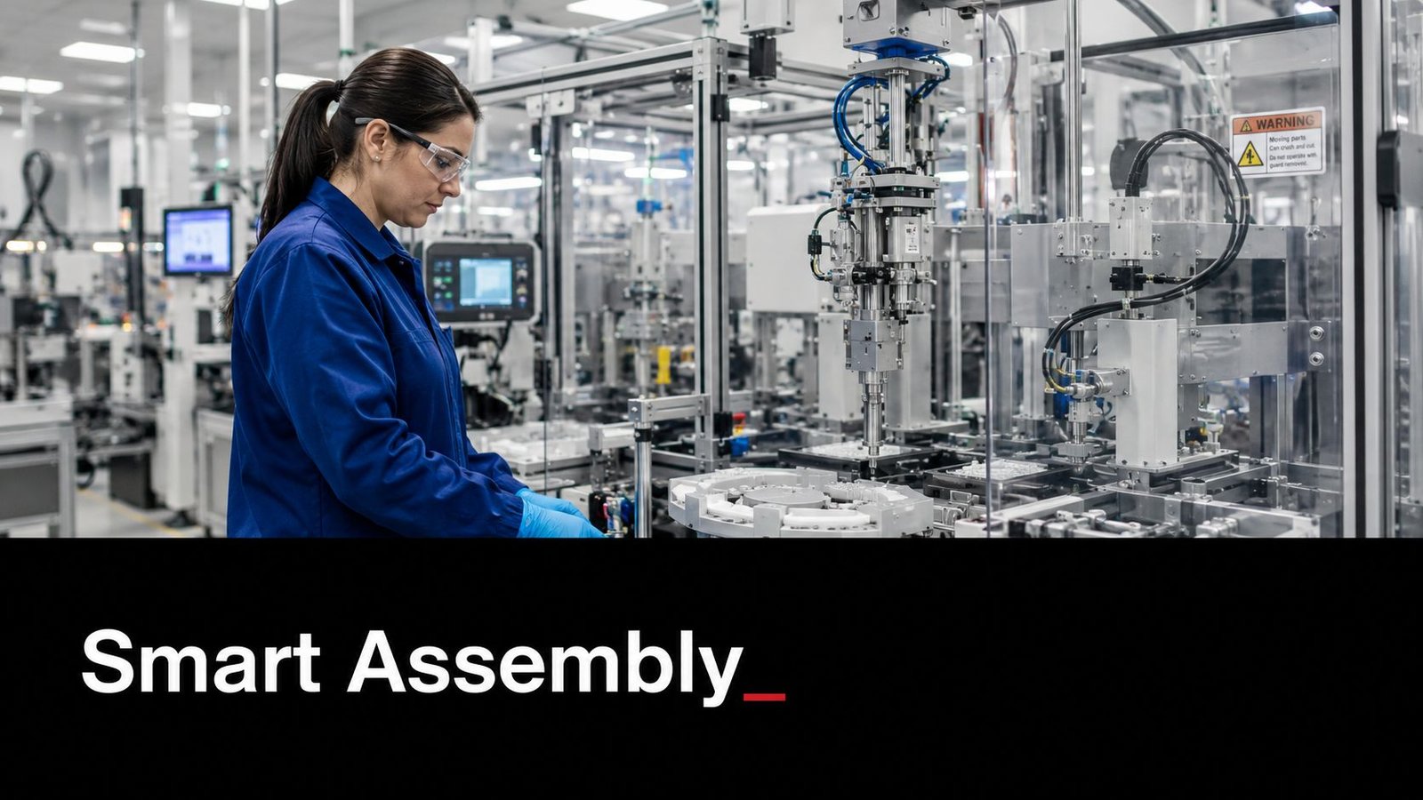 A female engineer in a blue lab coat and safety goggles monitoring an automated smart assembly machine.
