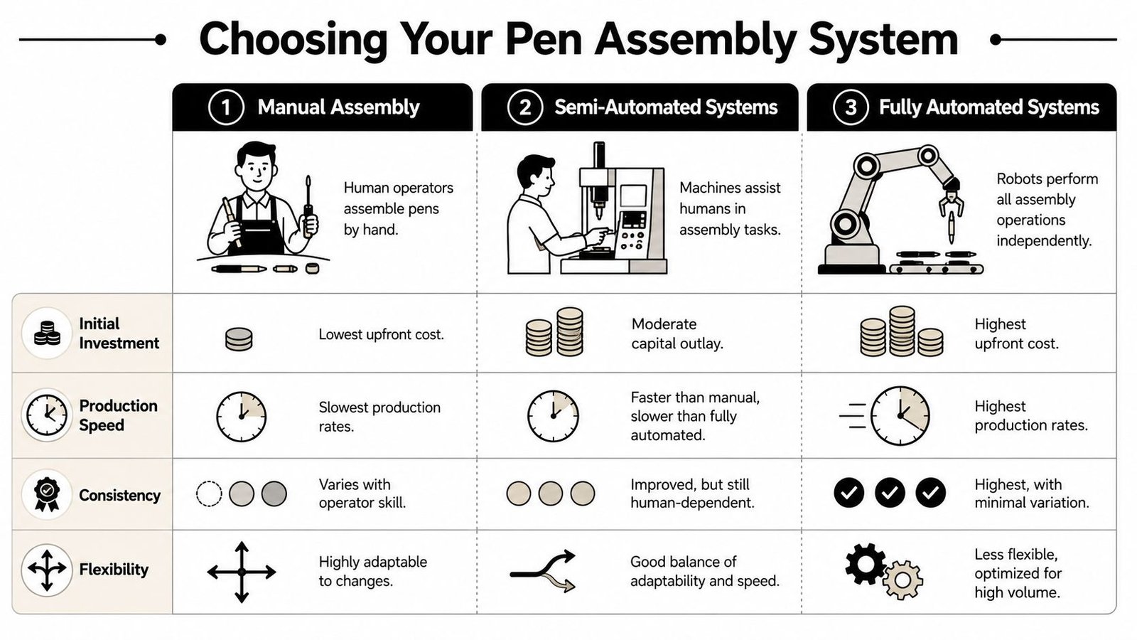 A comparison chart outlining the pros and cons of manual, semi-automated, and fully automated pen assembly systems.