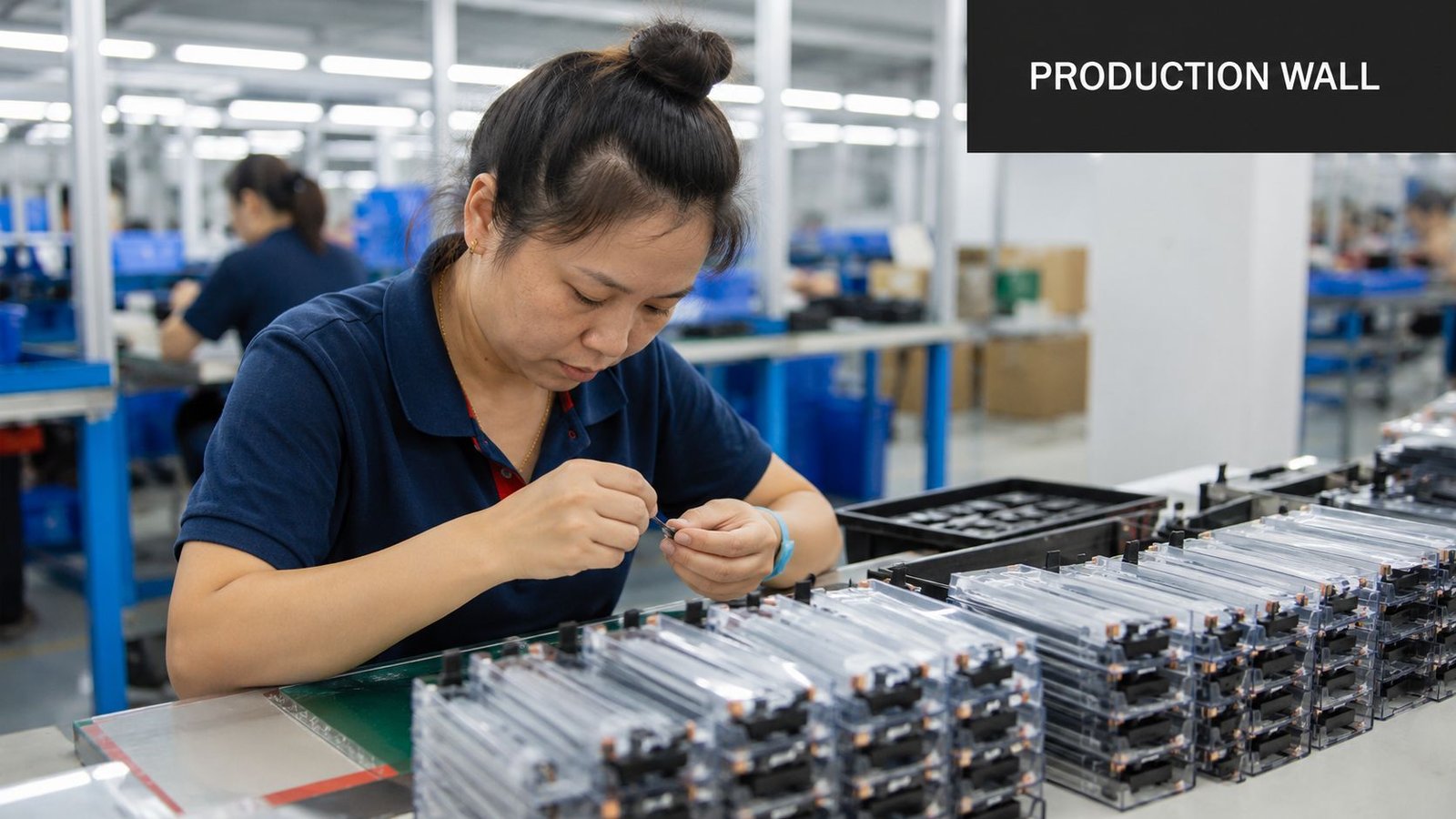 A factory worker assembling electronic components with precision while sitting at a table with organized parts.
